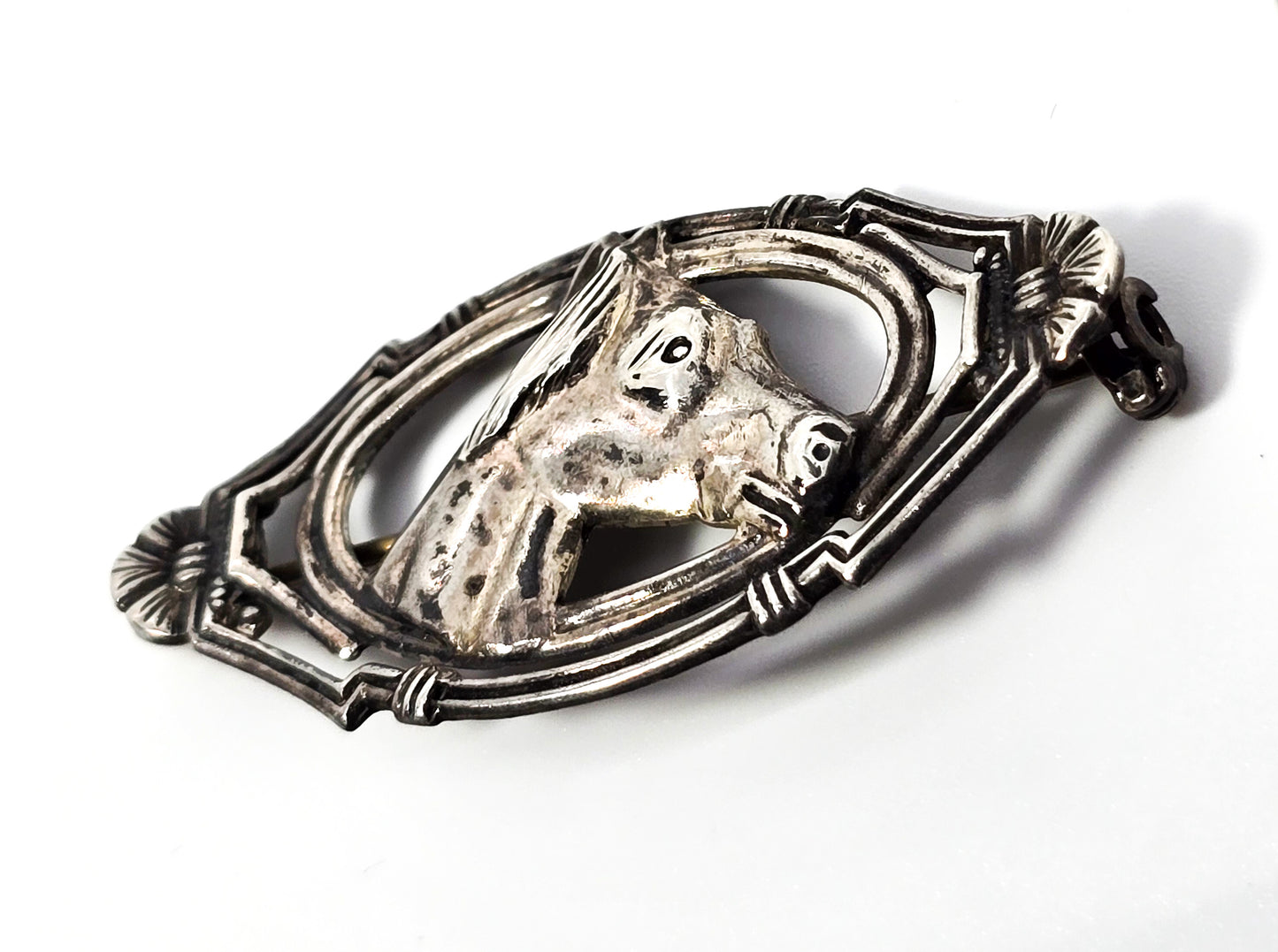 Horse head framed figural horse repose vintage sterling silver Equestrian brooch