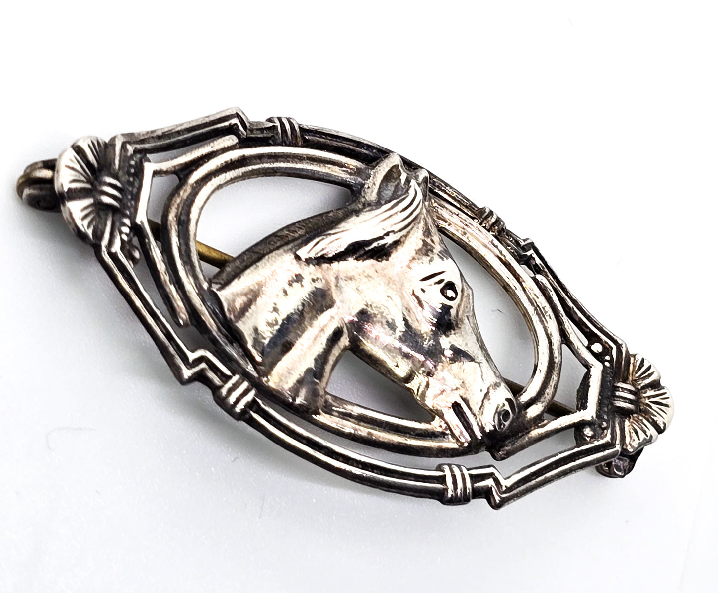 Horse head framed figural horse repose vintage sterling silver Equestrian brooch