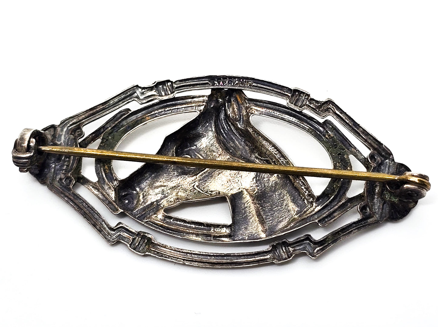 Horse head framed figural horse repose vintage sterling silver Equestrian brooch