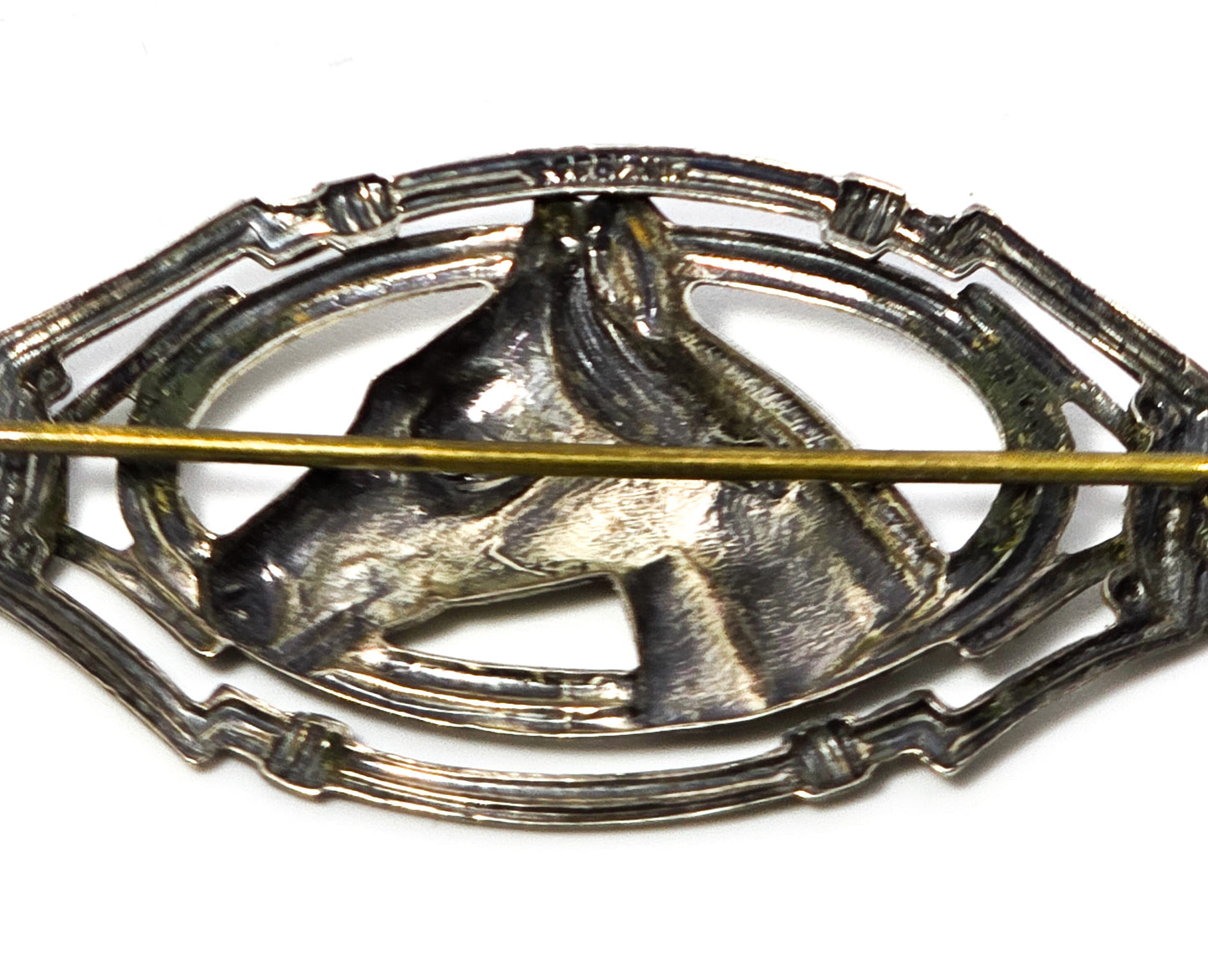Horse head framed figural horse repose vintage sterling silver Equestrian brooch