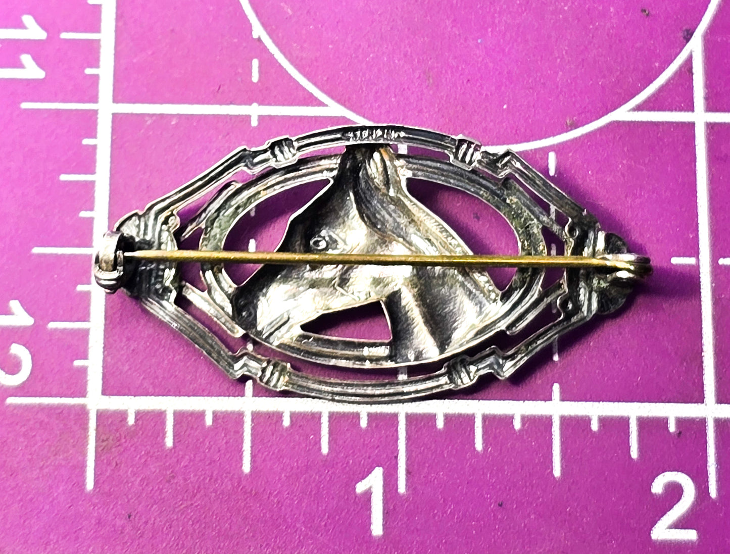 Horse head framed figural horse repose vintage sterling silver Equestrian brooch