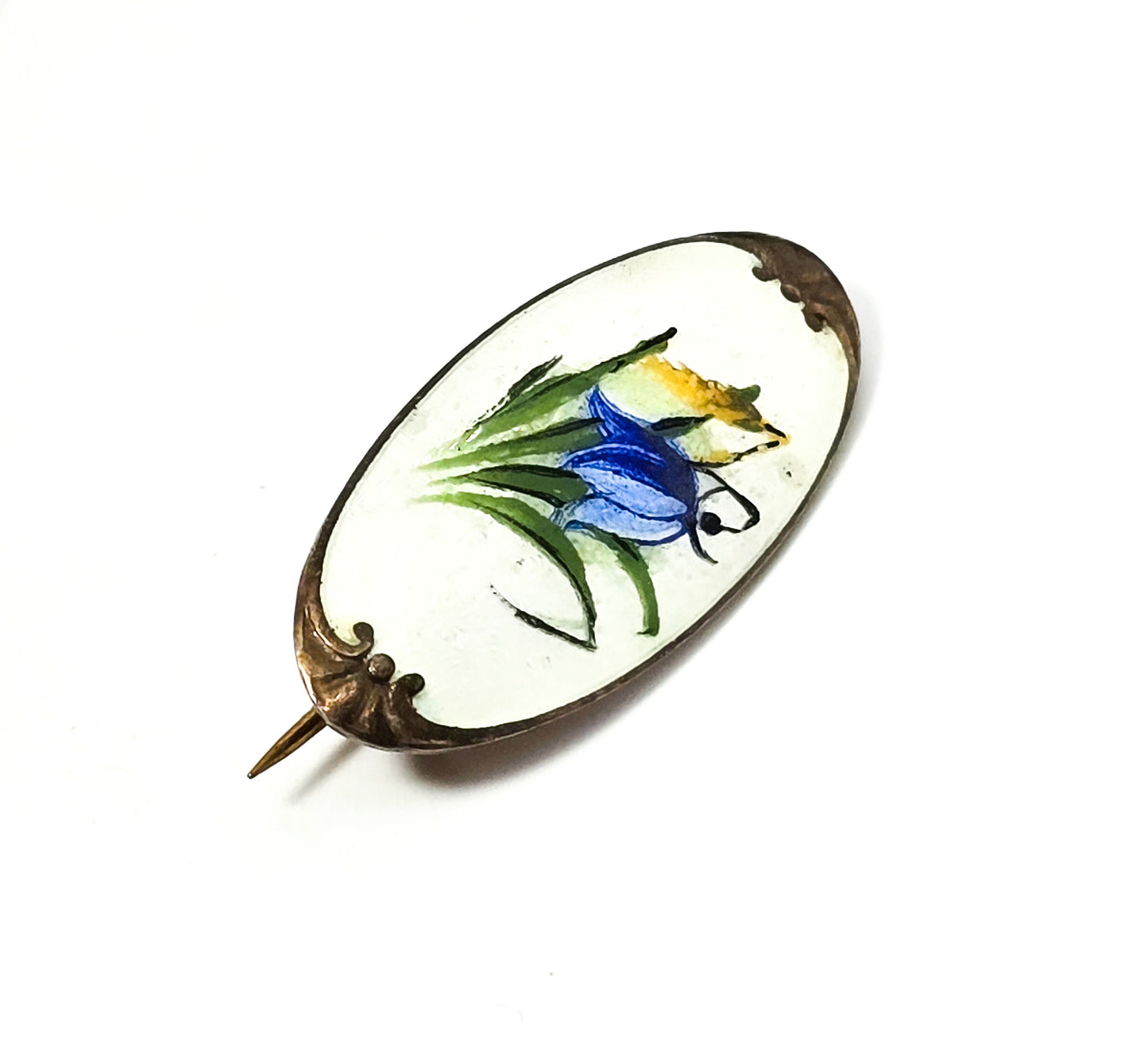 Svein Kirkhus Norway Blue Bell flower Sterling Silver Enameled guilloche brooch