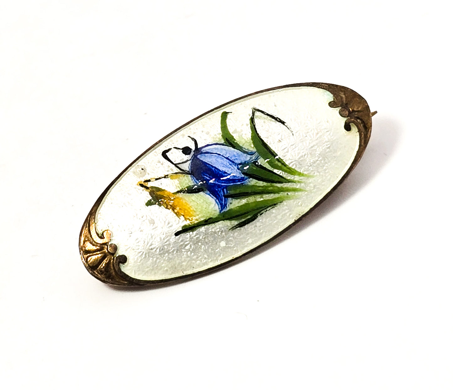 Svein Kirkhus Norway Blue Bell flower Sterling Silver Enameled guilloche brooch