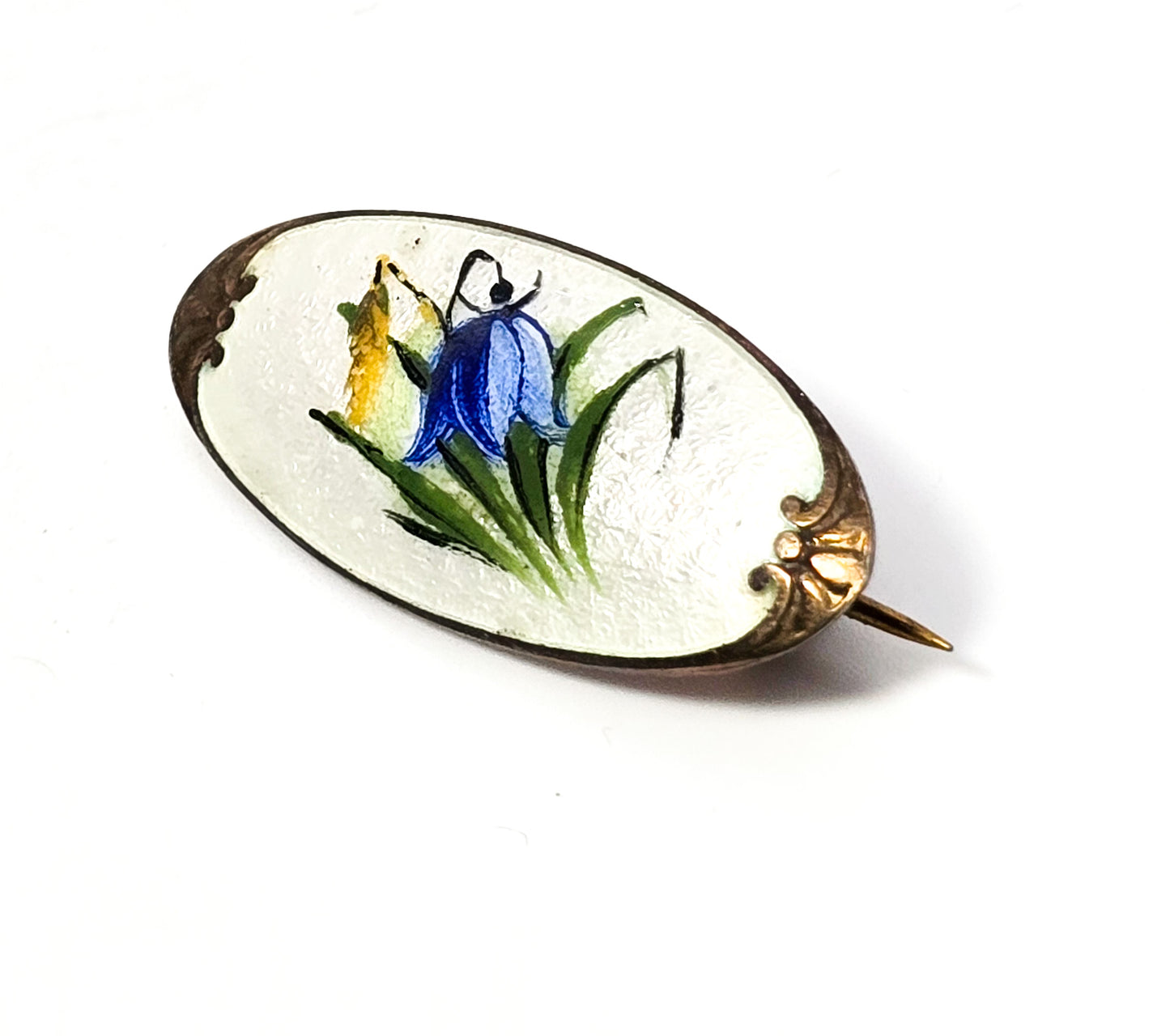 Svein Kirkhus Norway Blue Bell flower Sterling Silver Enameled guilloche brooch