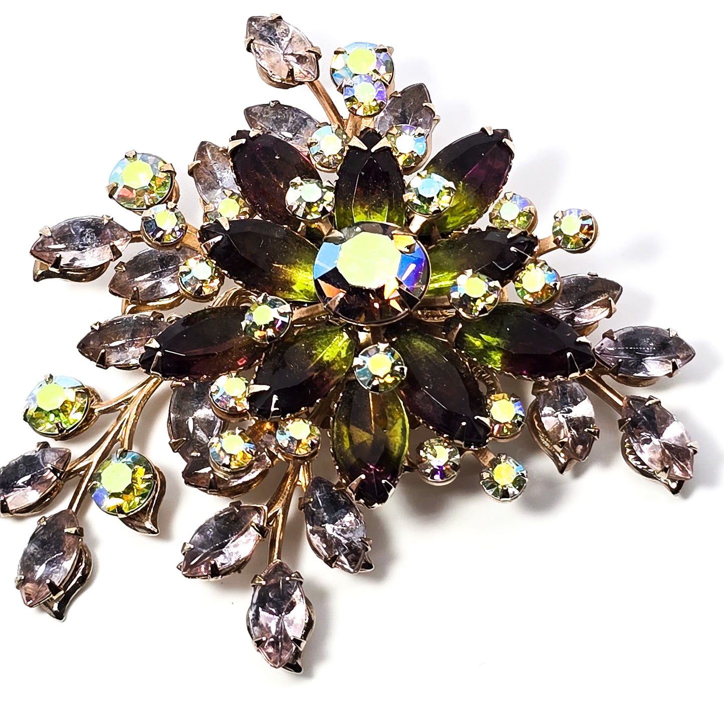 Green flower aurora borealis vintage rhinestone large scatter brooch