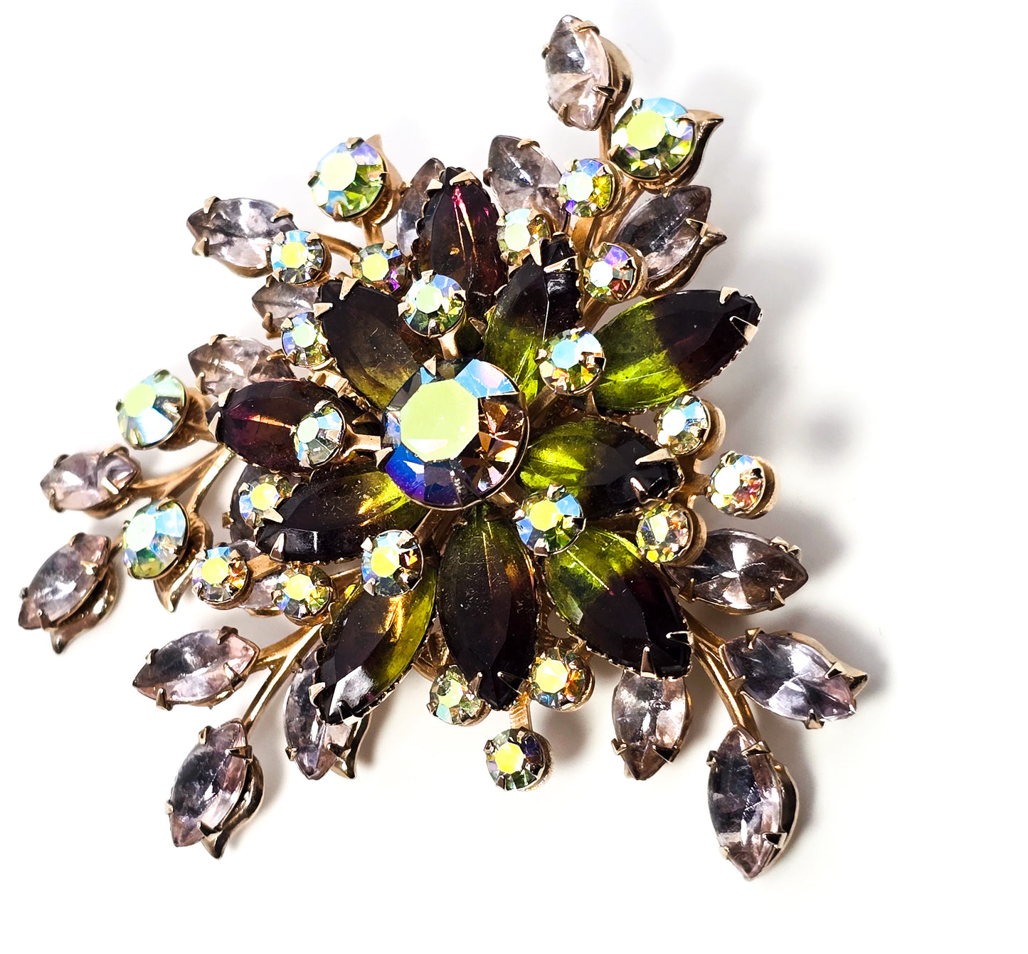 Green flower aurora borealis vintage rhinestone large scatter brooch