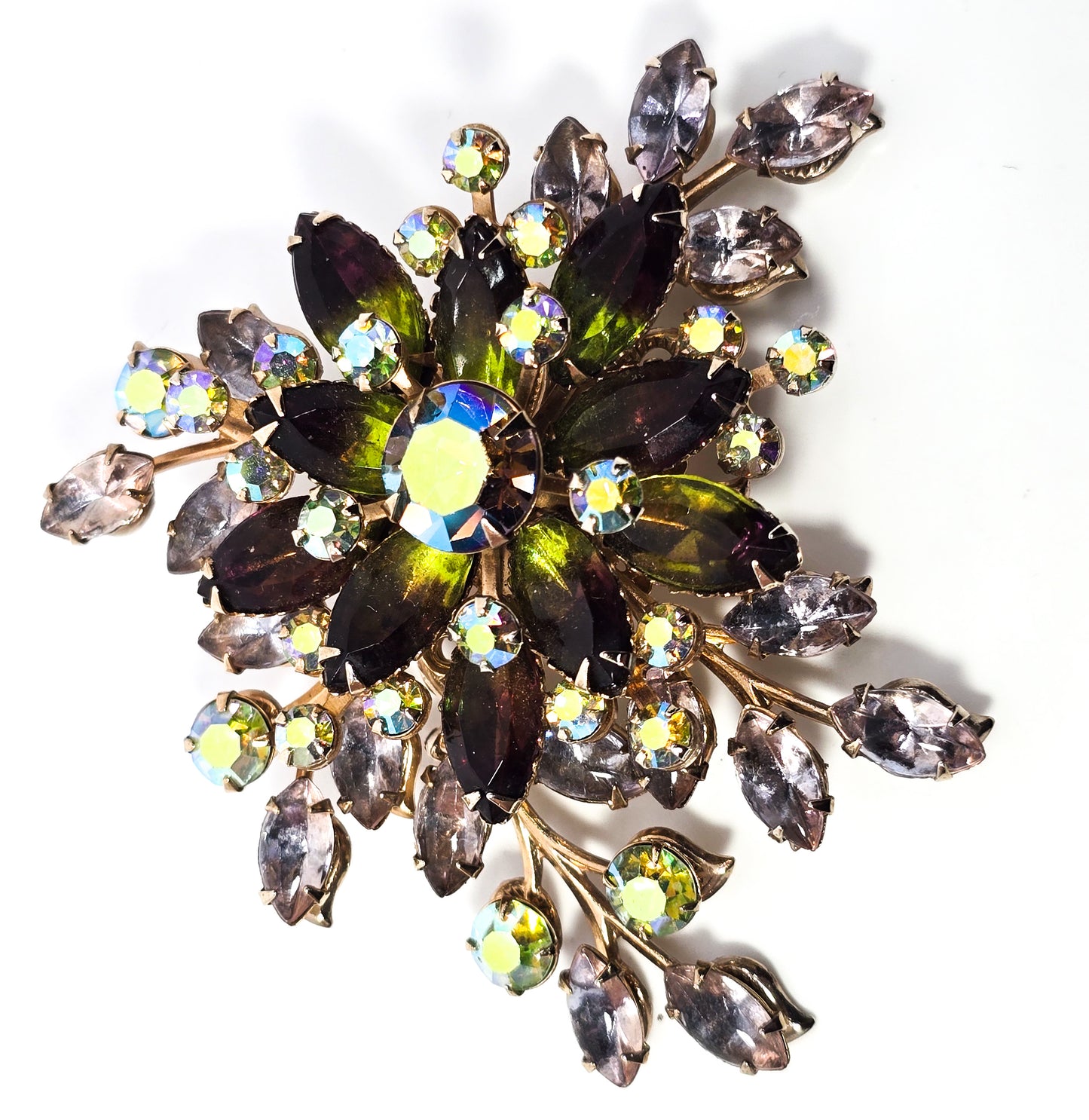 Green flower aurora borealis vintage rhinestone large scatter brooch