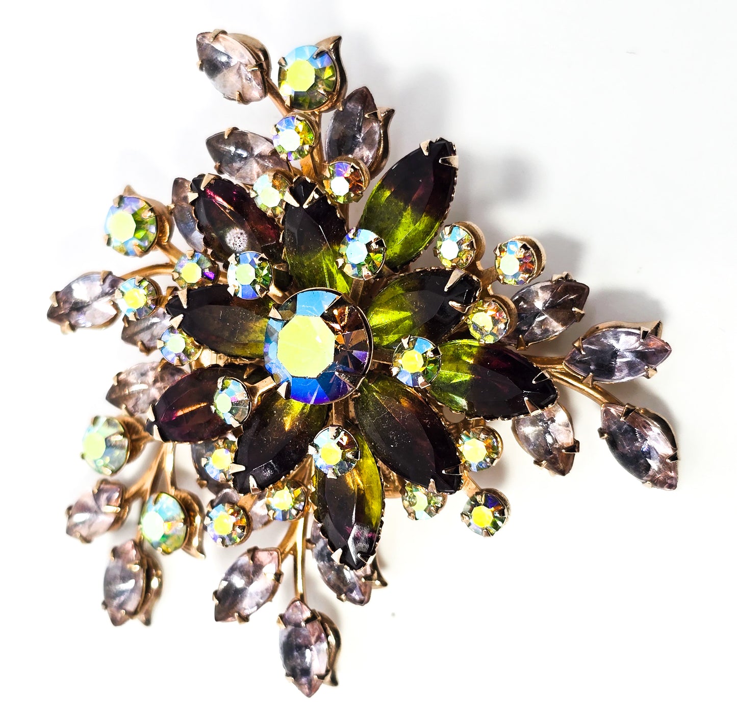 Green flower aurora borealis vintage rhinestone large scatter brooch