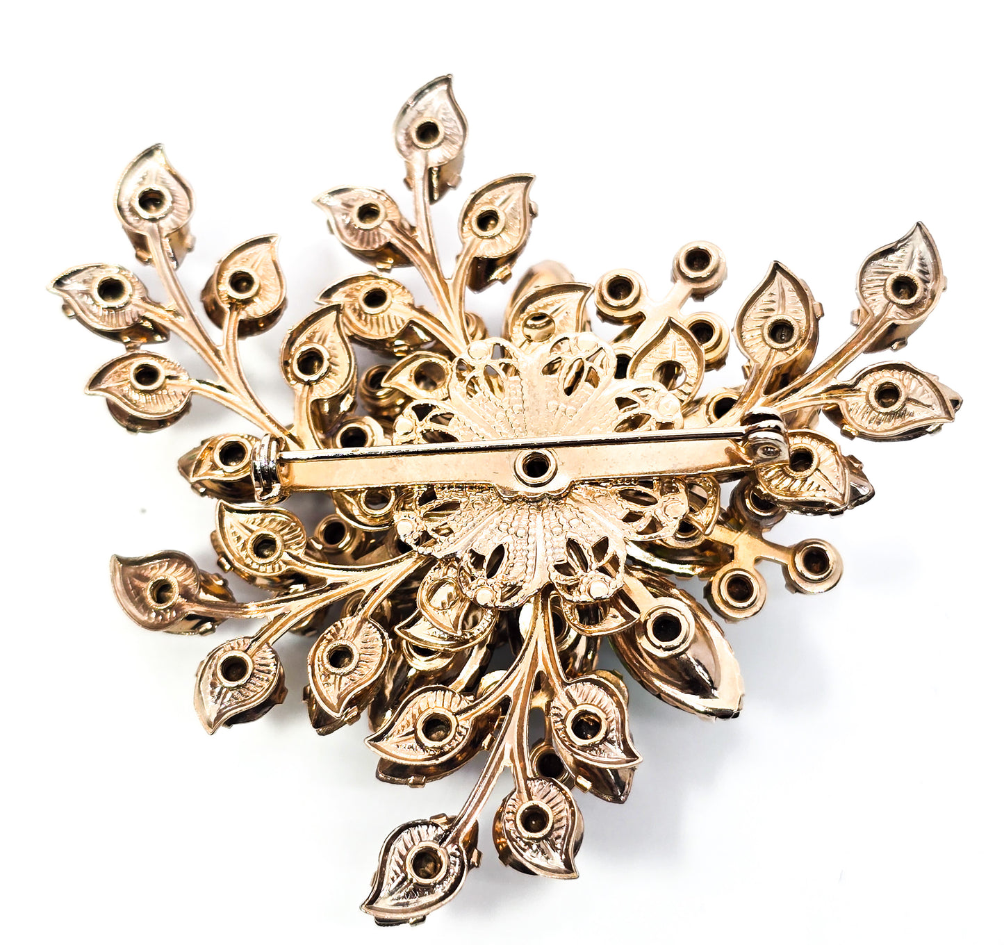 Green flower aurora borealis vintage rhinestone large scatter brooch