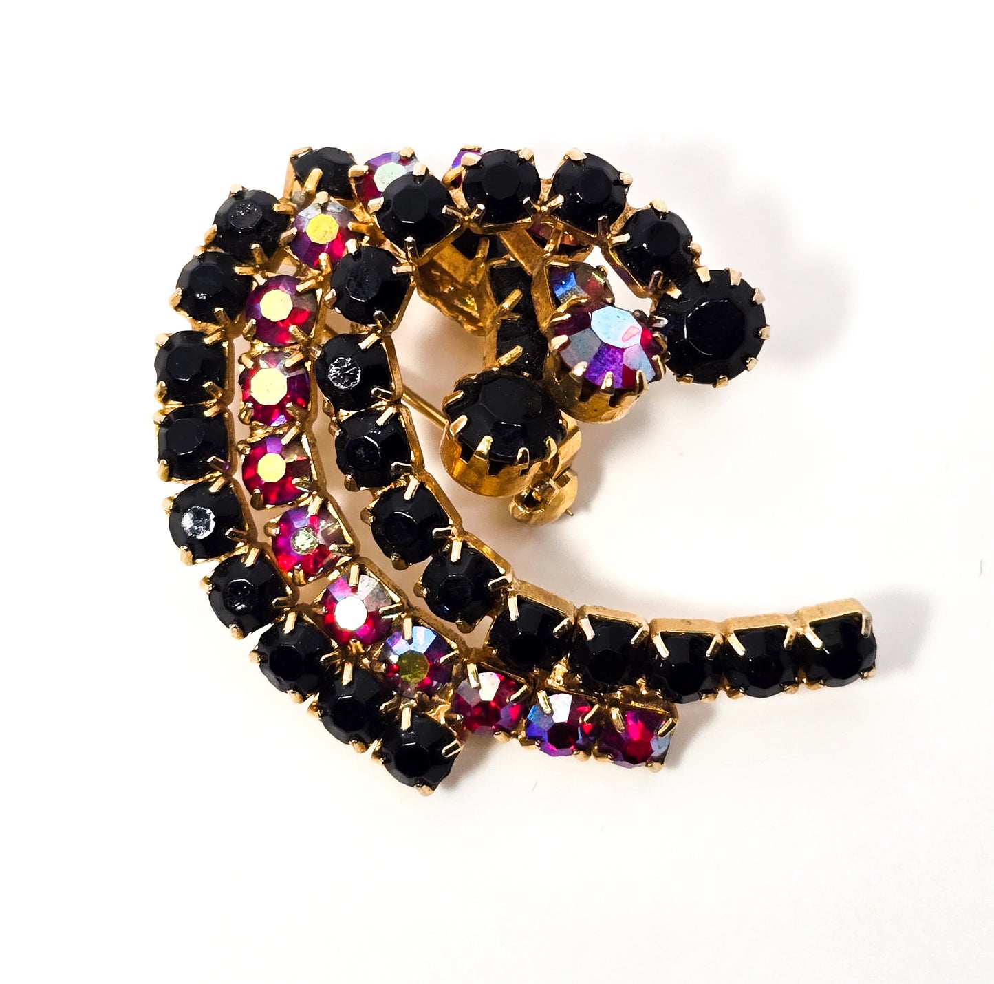 Red and black rainbow aurora borealis AB vintage scatter brooch pin