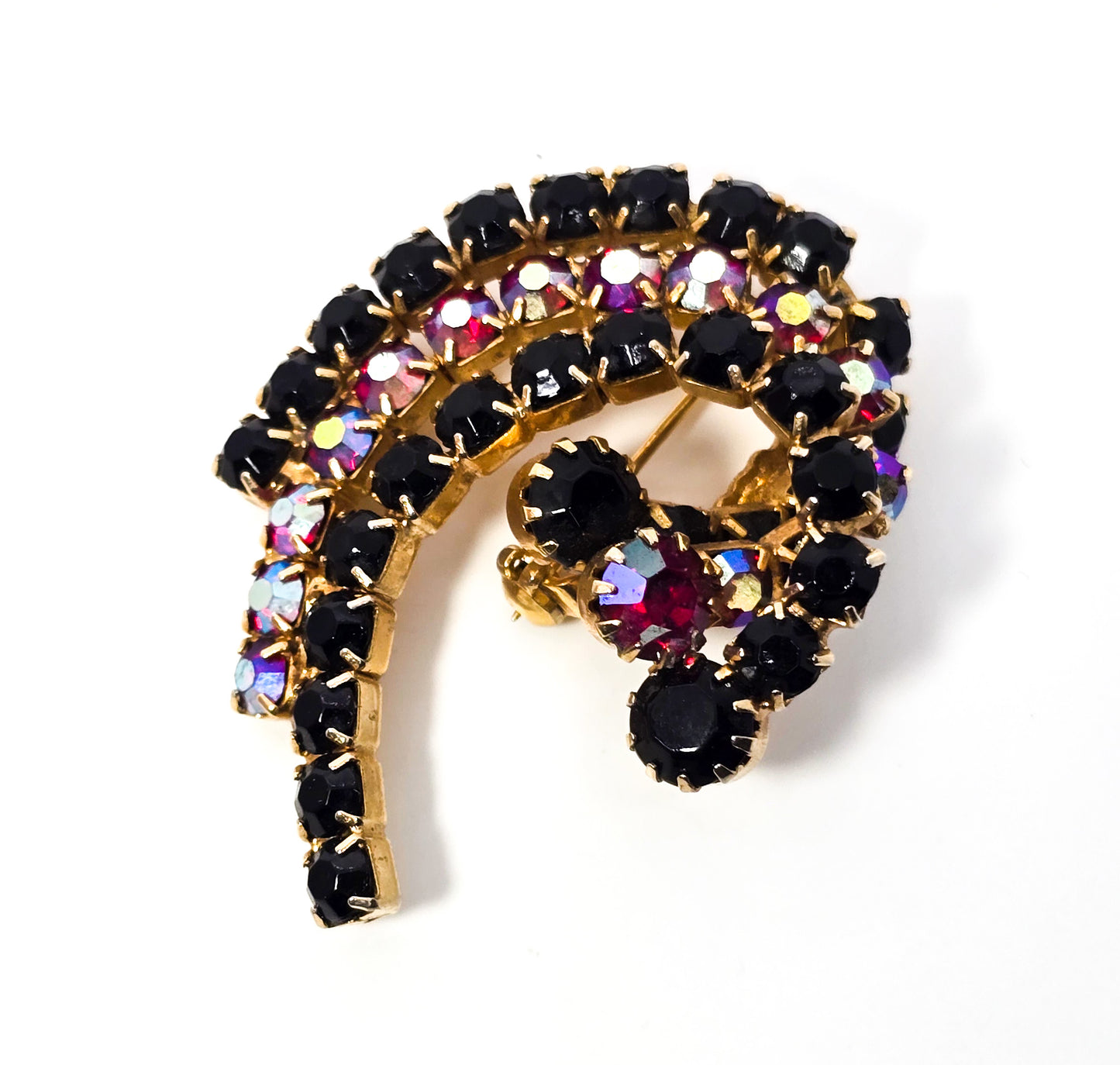 Red and black rainbow aurora borealis AB vintage scatter brooch pin