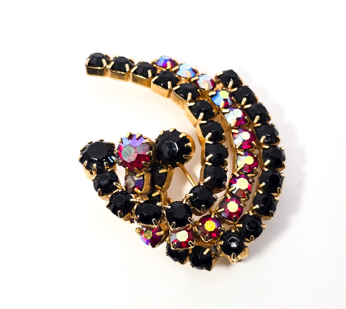 Red and black rainbow aurora borealis AB vintage scatter brooch pin