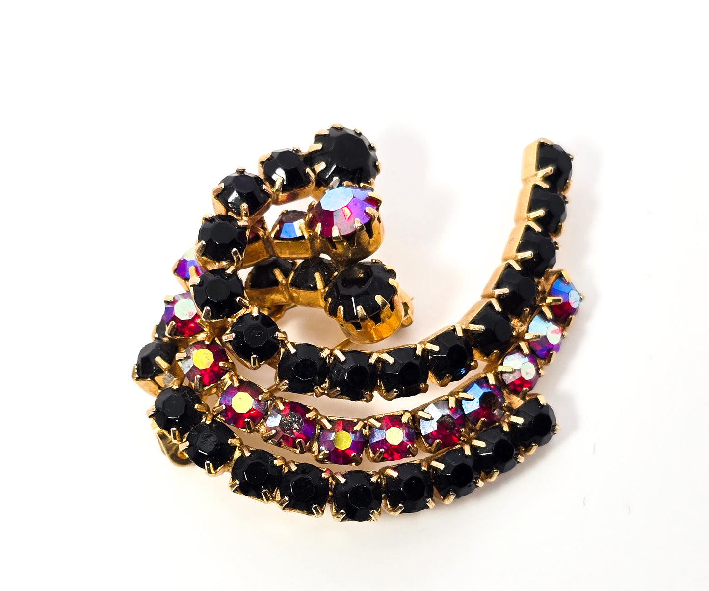 Red and black rainbow aurora borealis AB vintage scatter brooch pin
