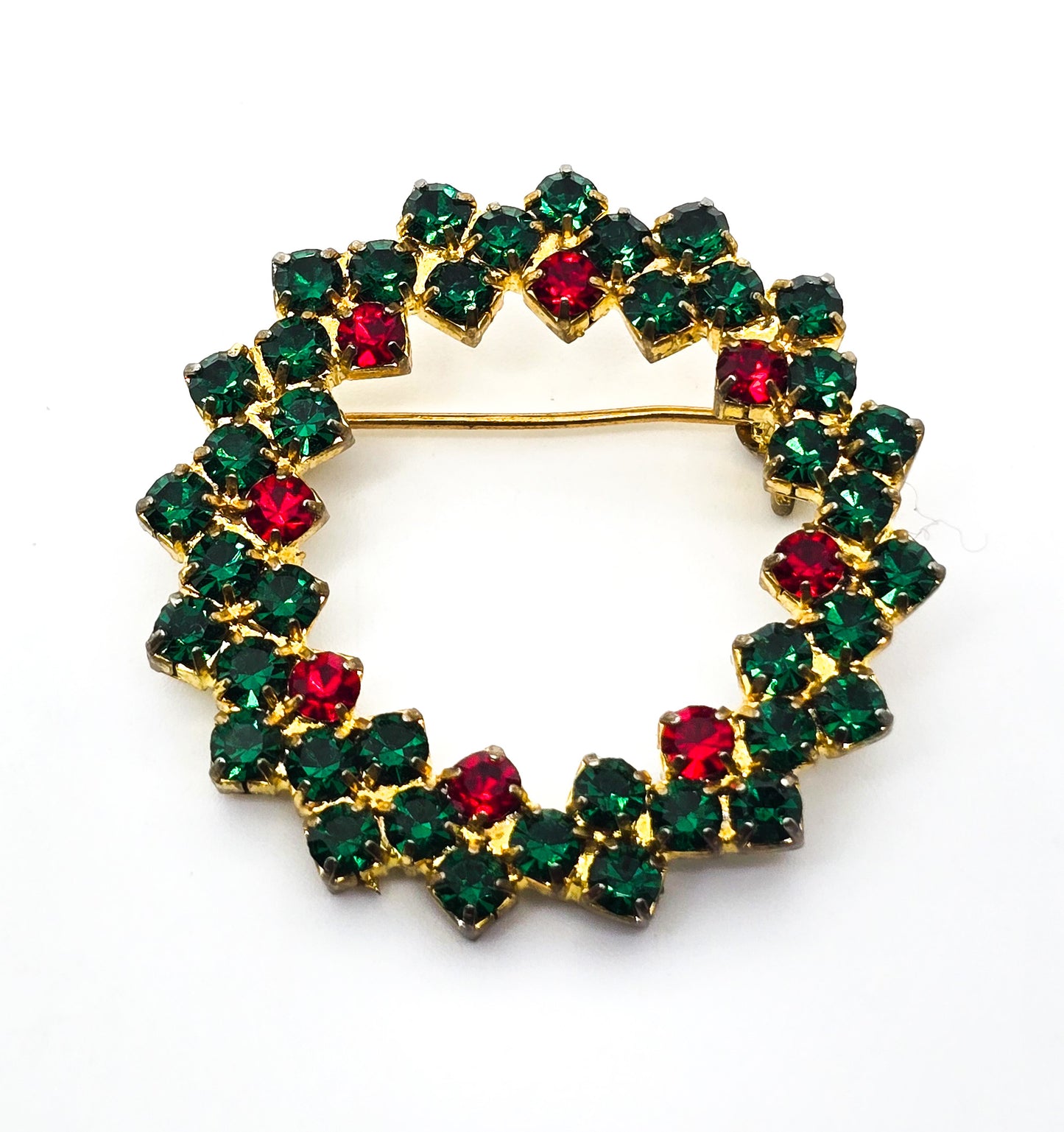 Green and red rhinestone wreath vintage Christmas holiday circle brooch