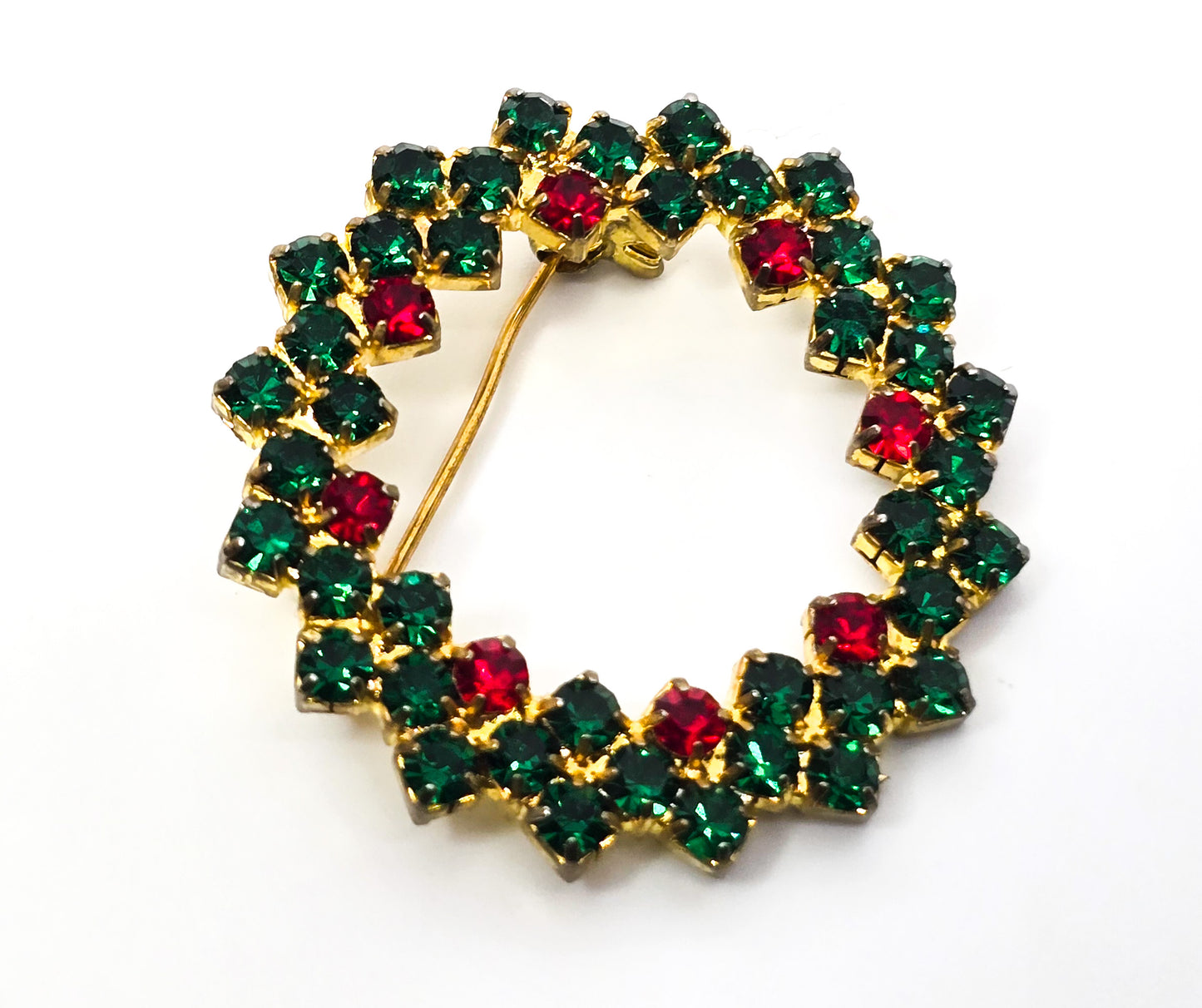 Green and red rhinestone wreath vintage Christmas holiday circle brooch