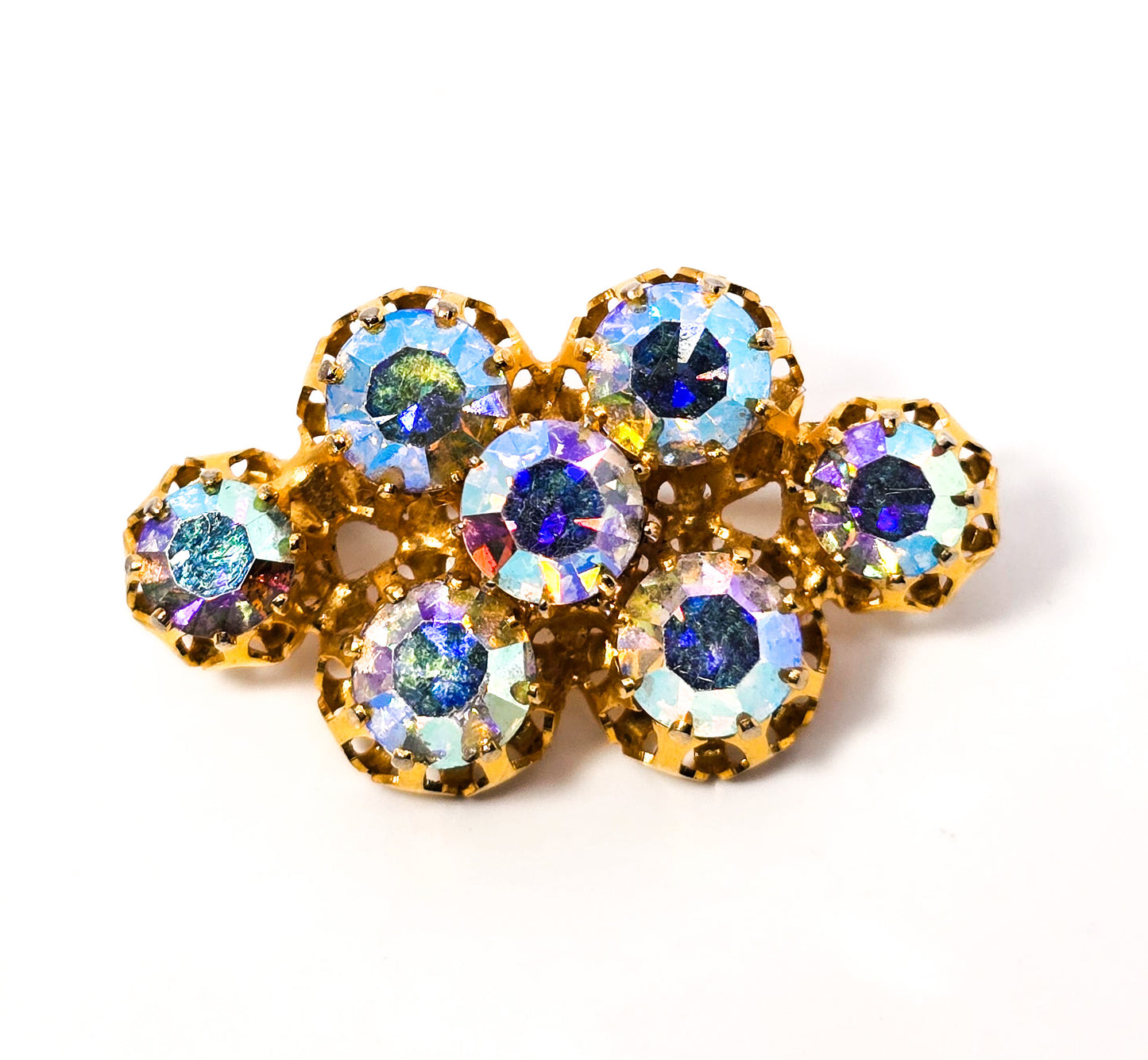 Rainbow Aurora Borealis AB bright faceted gold toned vintage rhinestone brooch