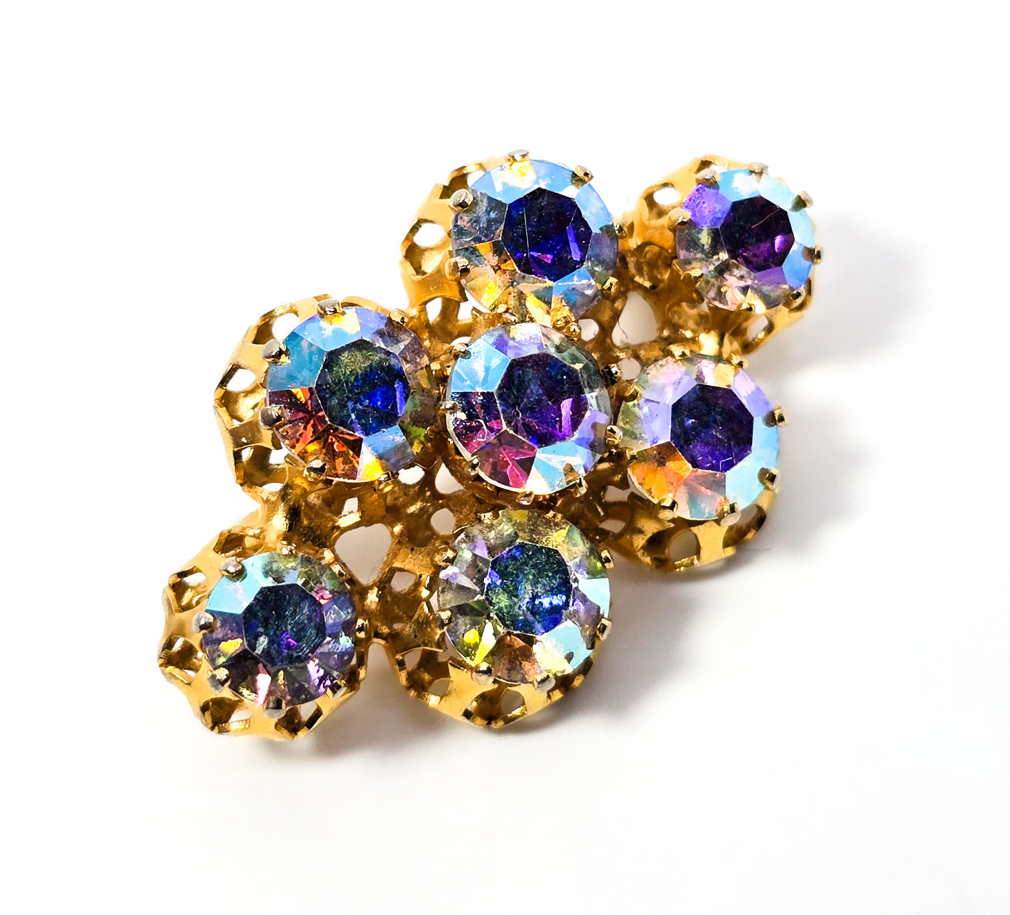 Rainbow Aurora Borealis AB bright faceted gold toned vintage rhinestone brooch
