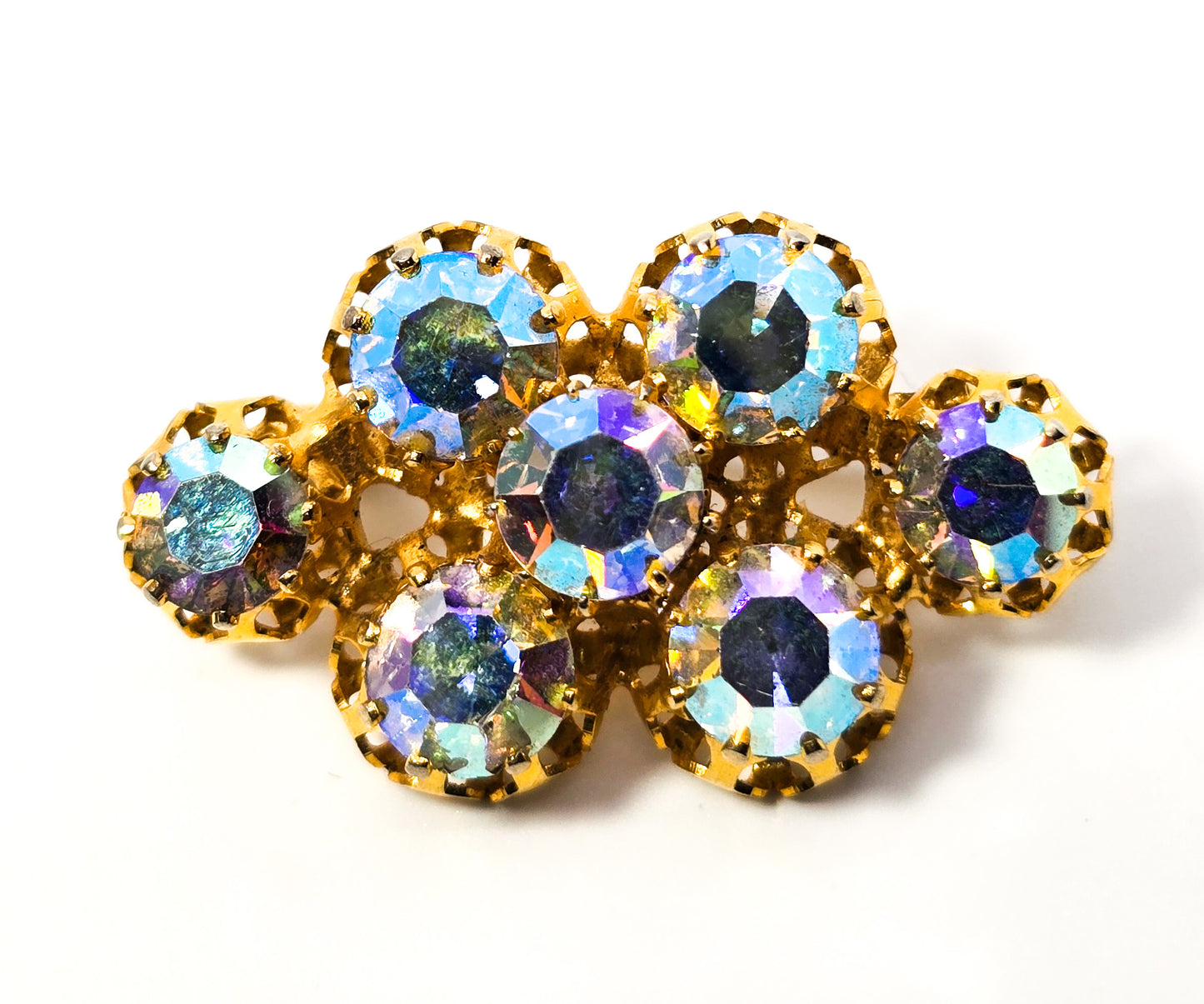 Rainbow Aurora Borealis AB bright faceted gold toned vintage rhinestone brooch