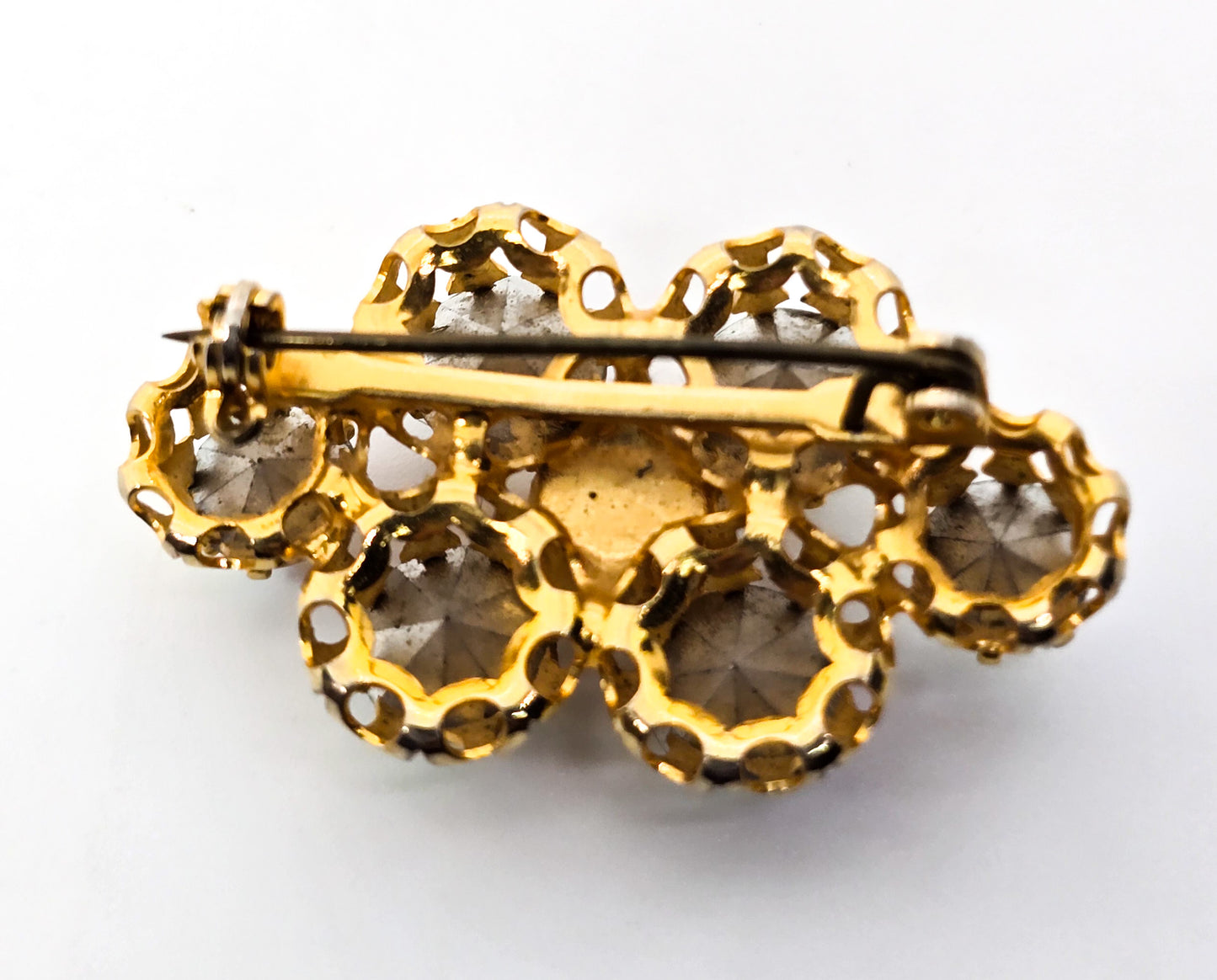 Rainbow Aurora Borealis AB bright faceted gold toned vintage rhinestone brooch