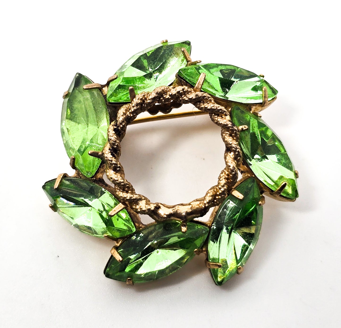 Uranium glass marquis cut prong set vintage rhinestone circle infinity brooch pin