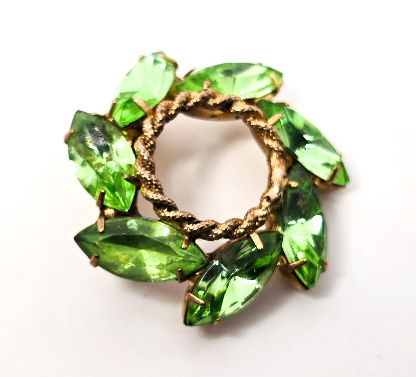 Uranium glass marquis cut prong set vintage rhinestone circle infinity brooch pin
