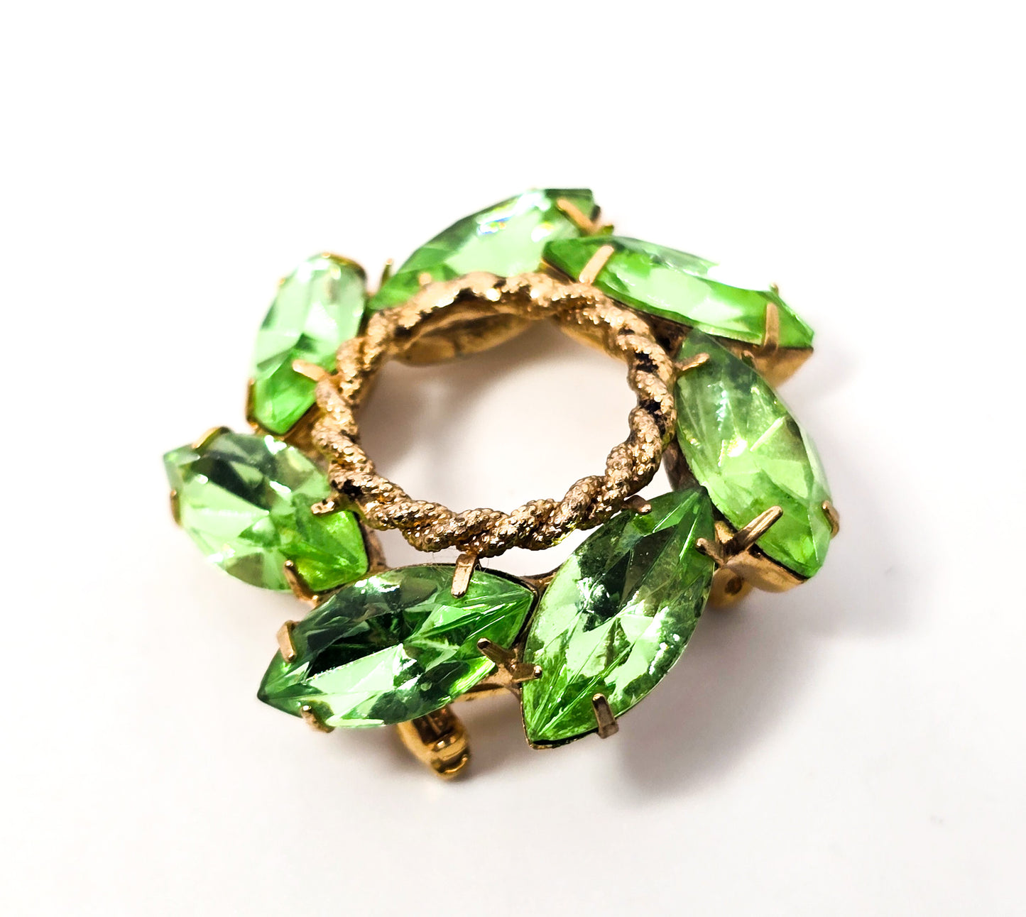 Uranium glass marquis cut prong set vintage rhinestone circle infinity brooch pin