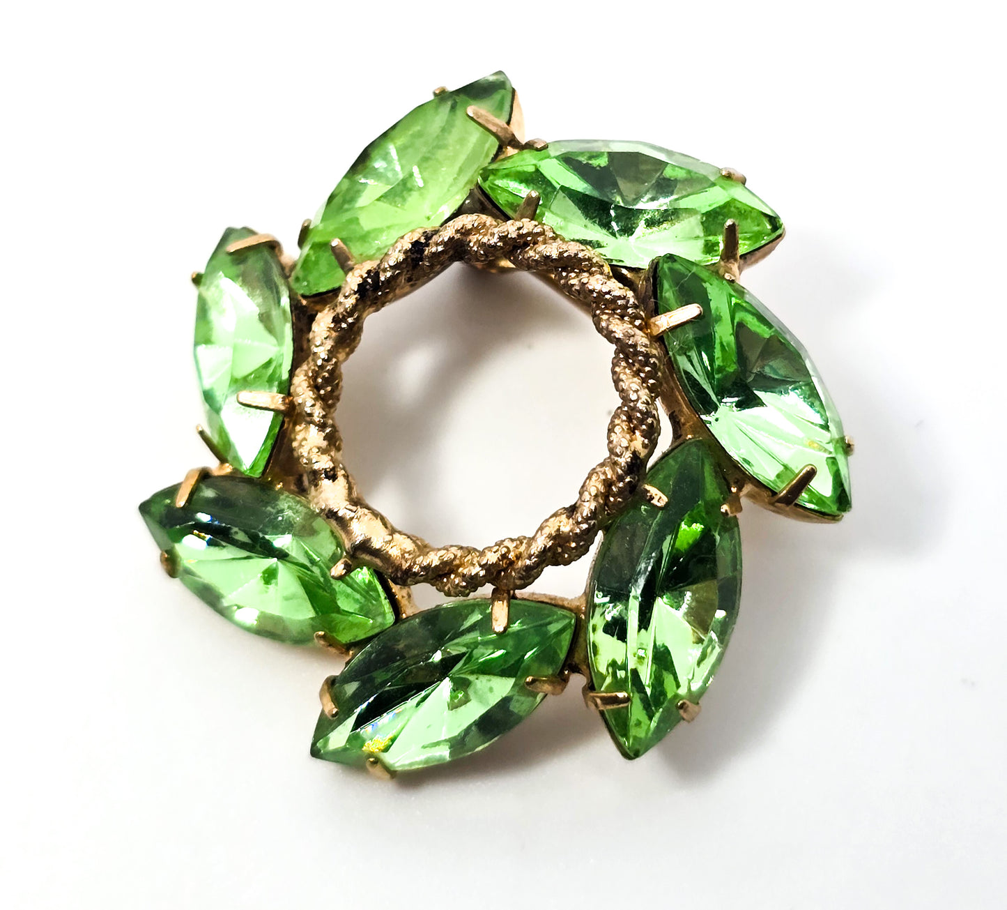 Uranium glass marquis cut prong set vintage rhinestone circle infinity brooch pin