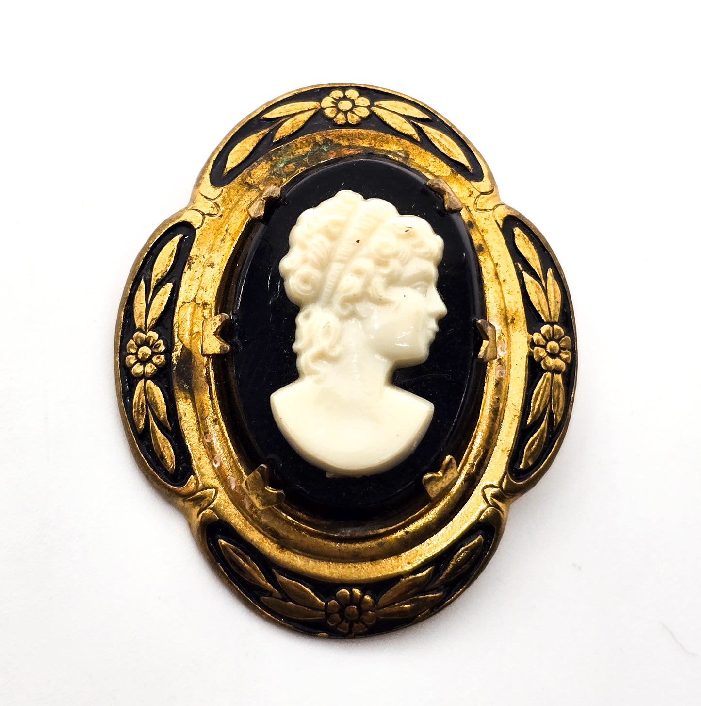 Victorian Revival cameo gold toned black enamel plastic vintage cameo brooch
