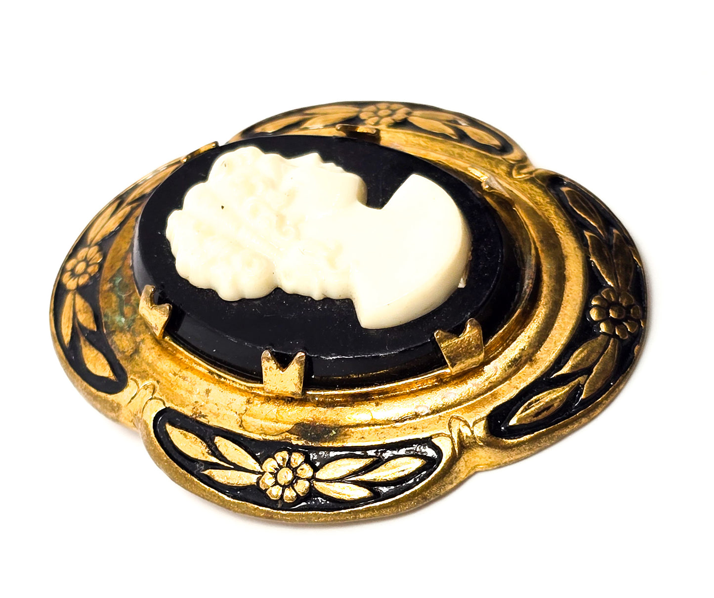 Victorian Revival cameo gold toned black enamel plastic vintage cameo brooch
