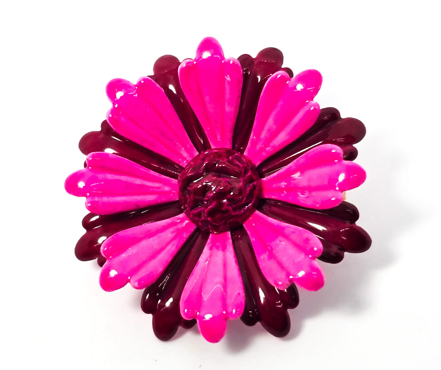 Pink and red double layered 3D vintage mid century tin flower brooch