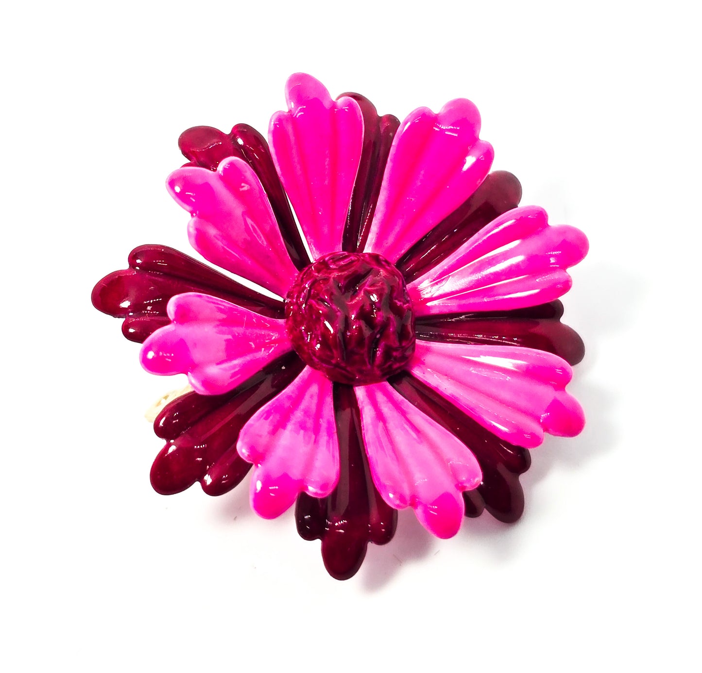 Pink and red double layered 3D vintage mid century tin flower brooch