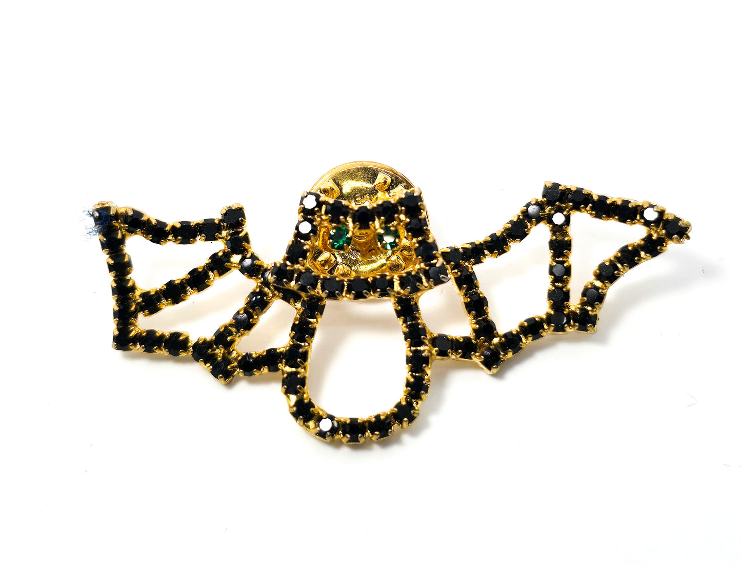 Bats Black and gold black rhinestone brooch green eyed brooch