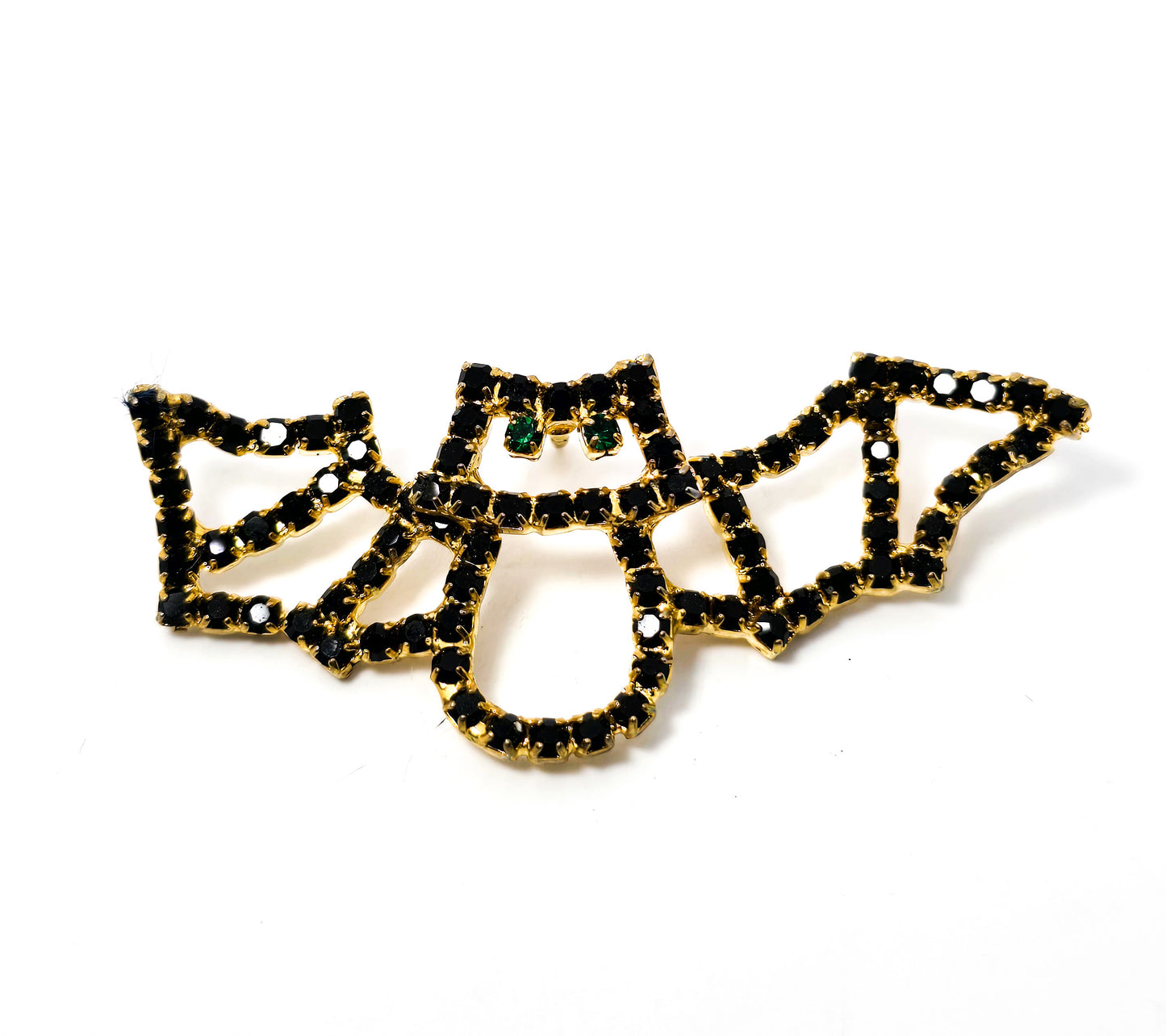 Bats Black and gold black rhinestone brooch green eyed brooch