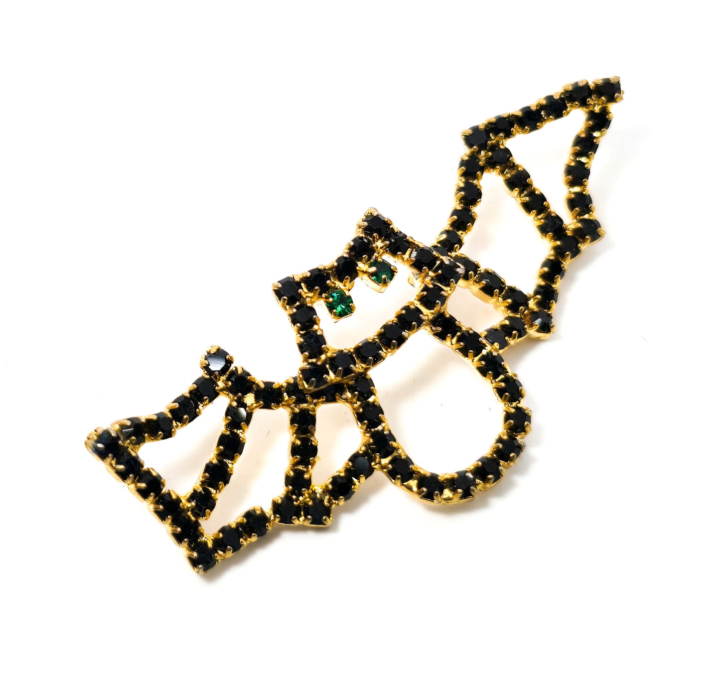 Bats Black and gold black rhinestone brooch green eyed brooch