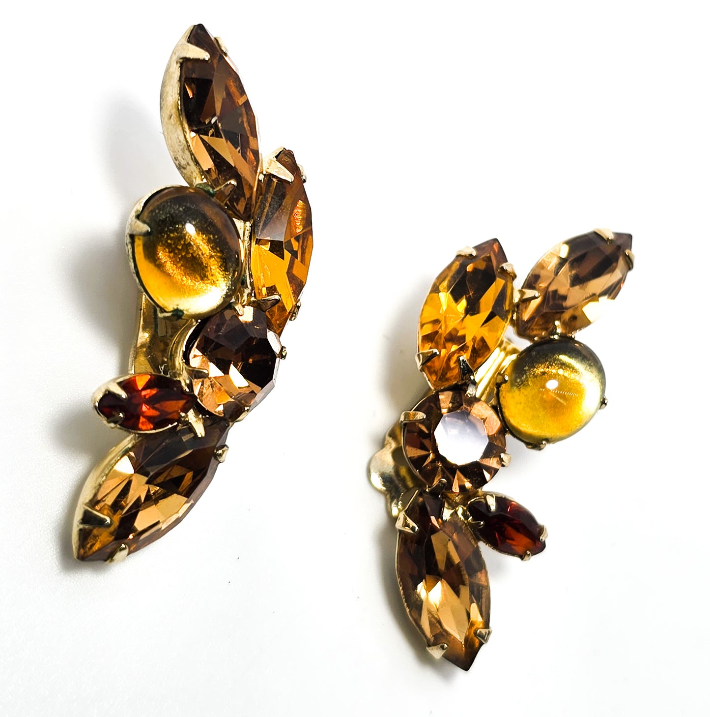 Coro signed amber yellow amber rhinestone vintage clip on earrings