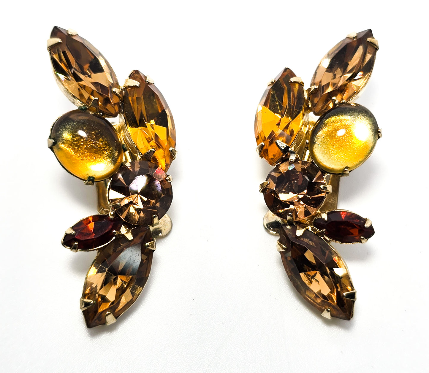Coro signed amber yellow amber rhinestone vintage clip on earrings