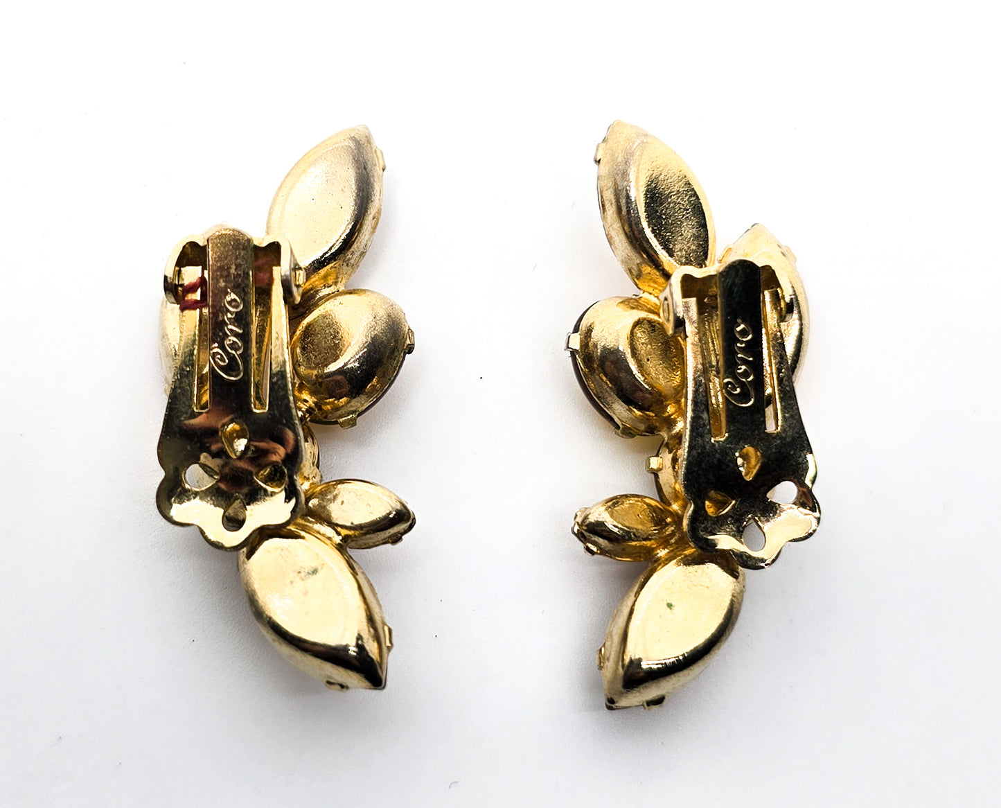 Coro signed amber yellow amber rhinestone vintage clip on earrings