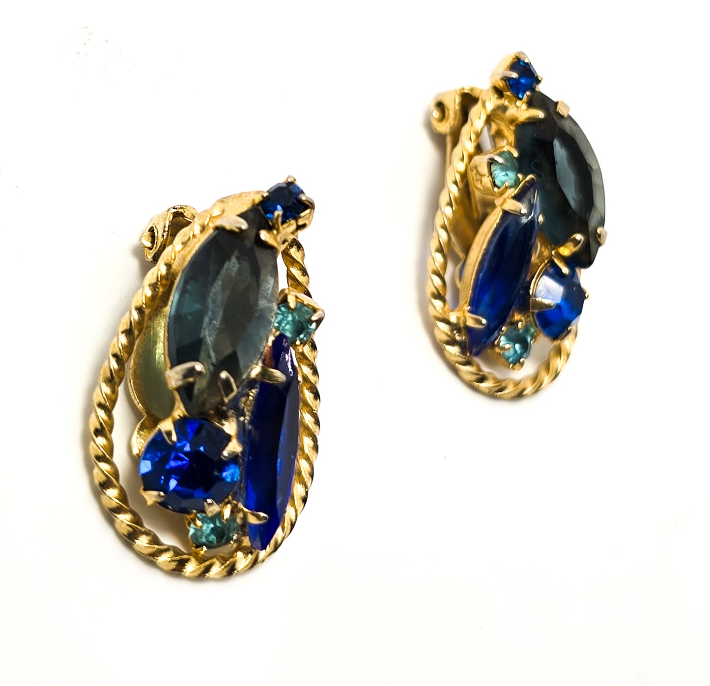 Blue rhinestone halo vintage gold toned mid century clip on earrings