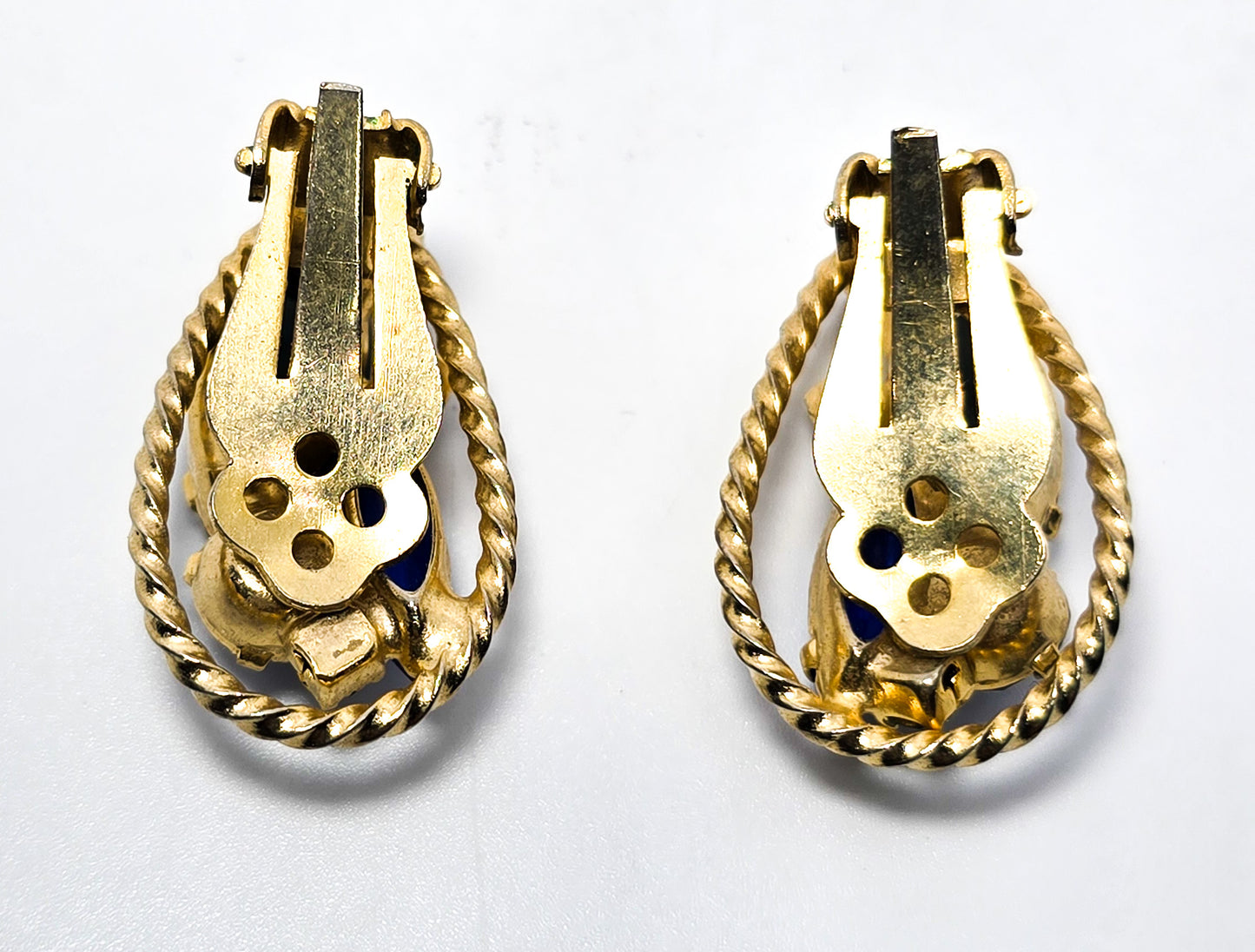 Blue rhinestone halo vintage gold toned mid century clip on earrings