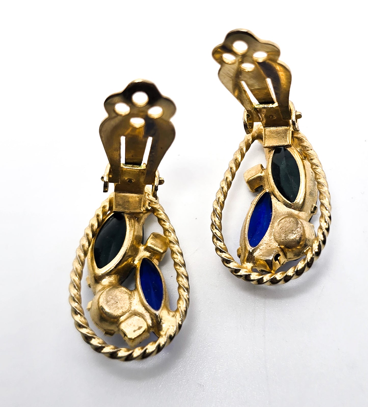 Blue rhinestone halo vintage gold toned mid century clip on earrings