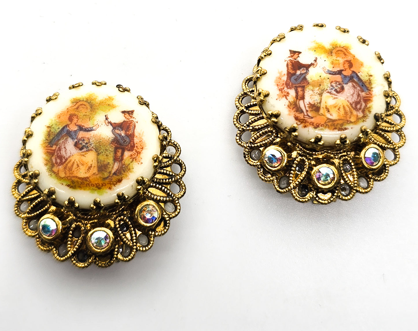 Western Germany cameo aurora borealis vintage rhinestone clip on earrings