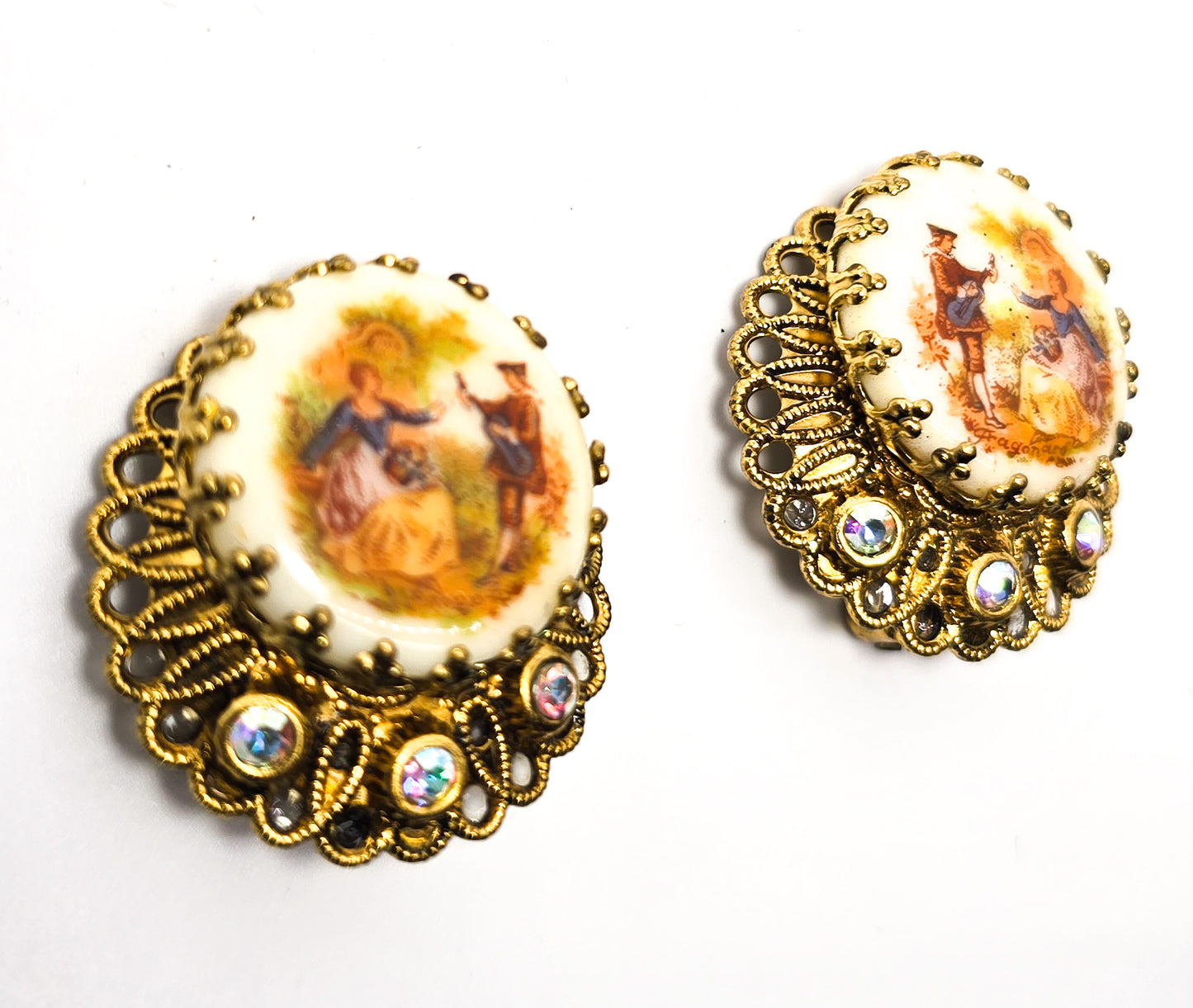Western Germany cameo aurora borealis vintage rhinestone clip on earrings