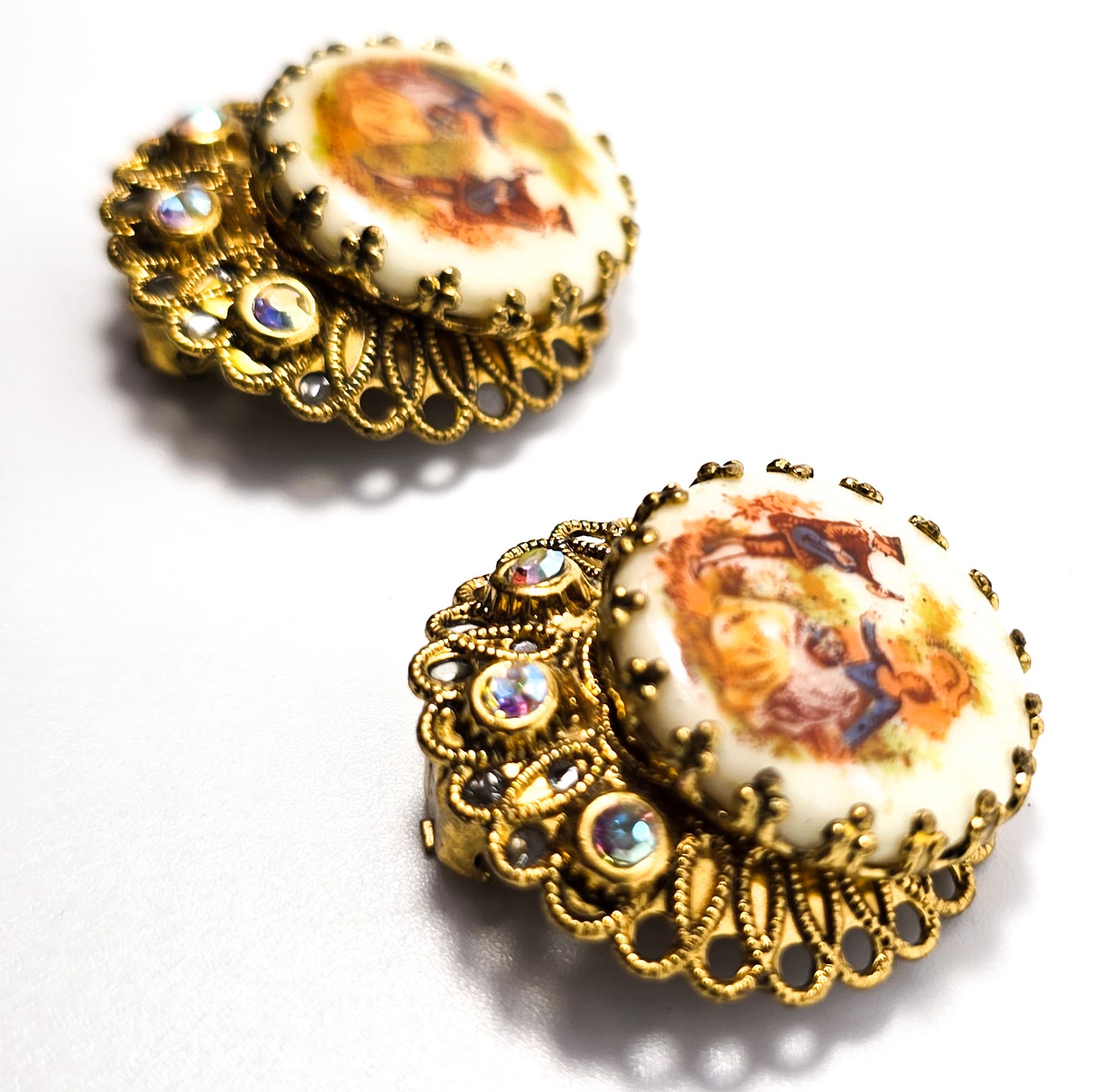 Western Germany cameo aurora borealis vintage rhinestone clip on earrings
