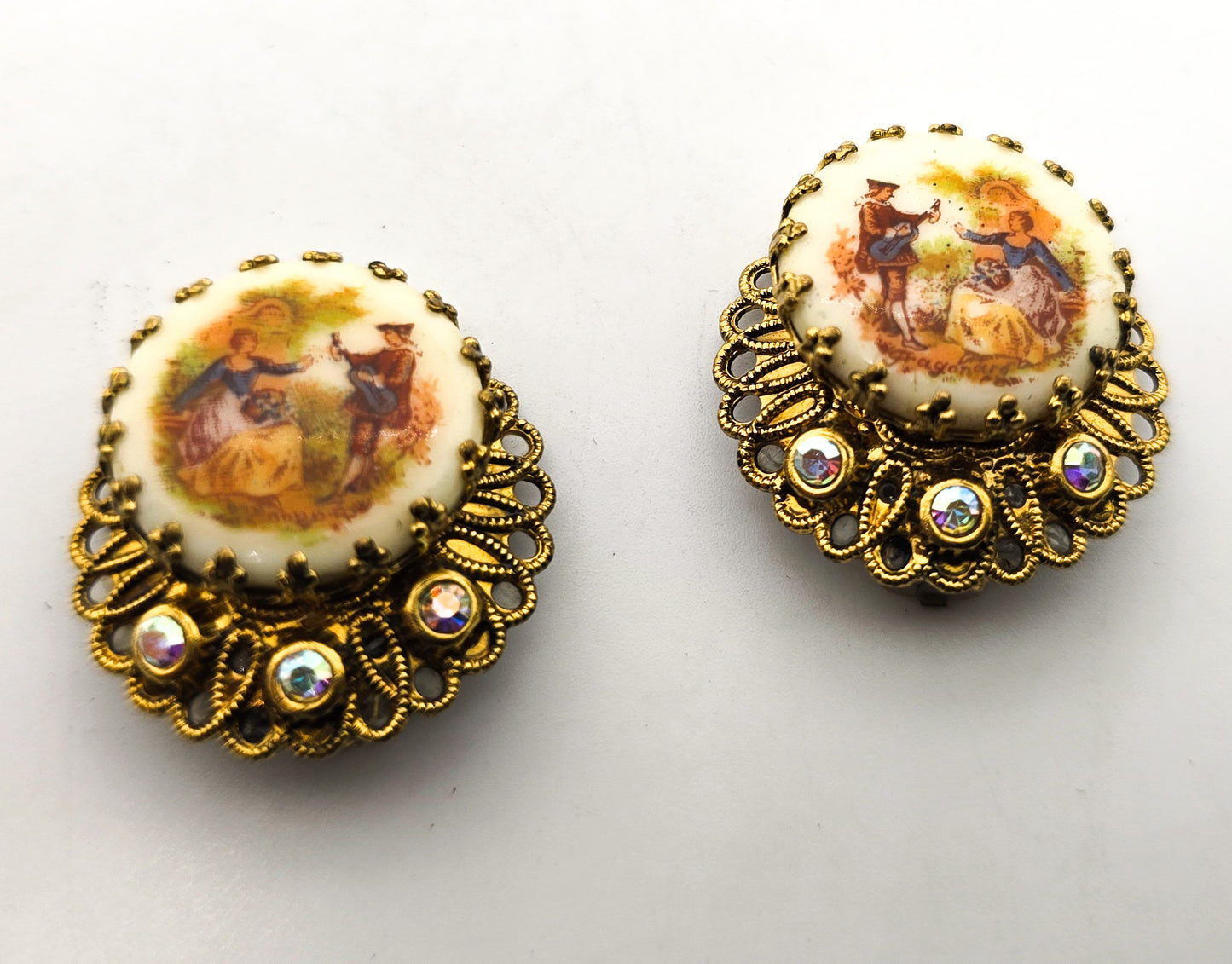 Western Germany cameo aurora borealis vintage rhinestone clip on earrings