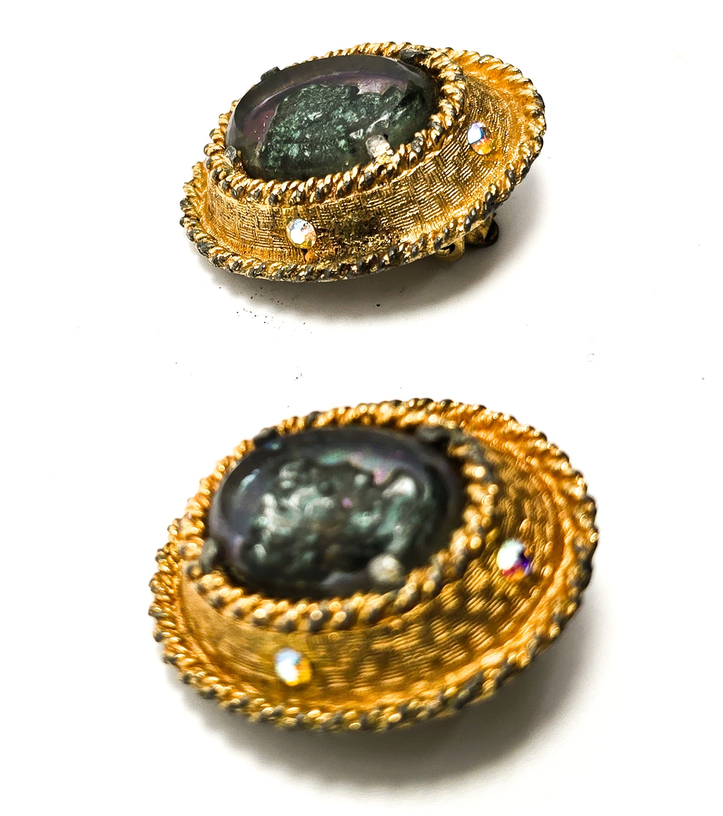 Judy Lee oil slick cameo aurora borealis vintage rhinestone clip on earrings
