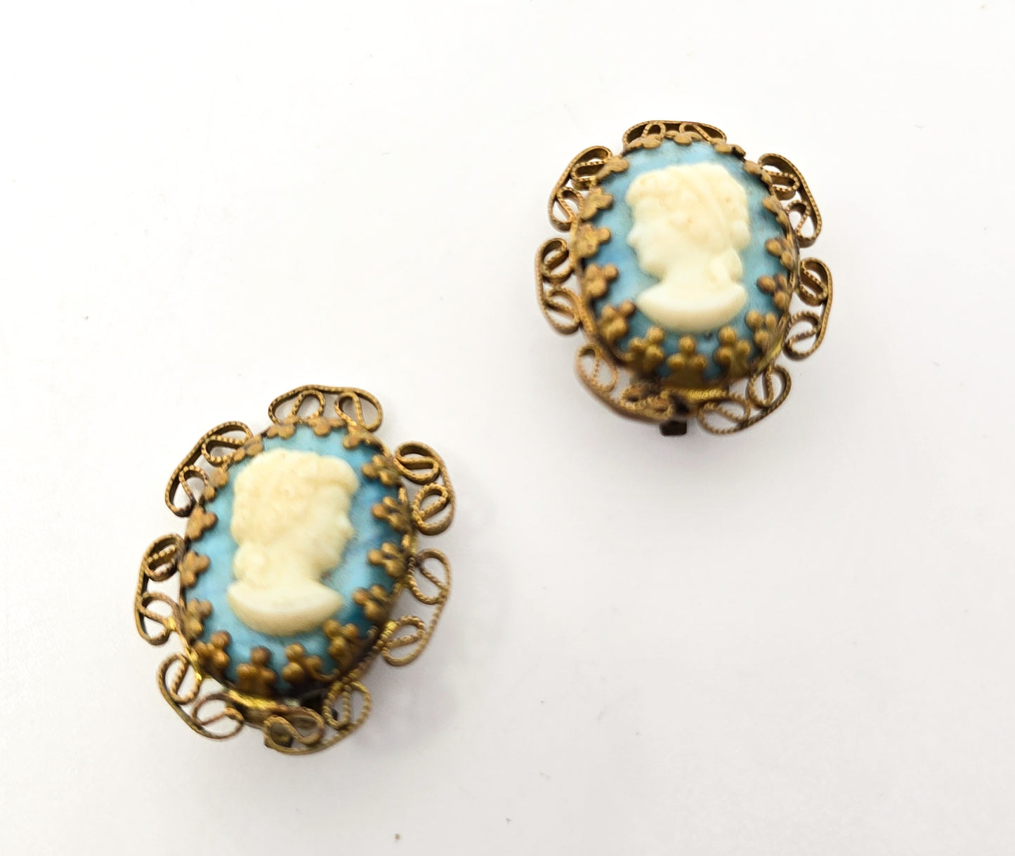 Western Germany blue and white glass cameo vintage clip on earrings