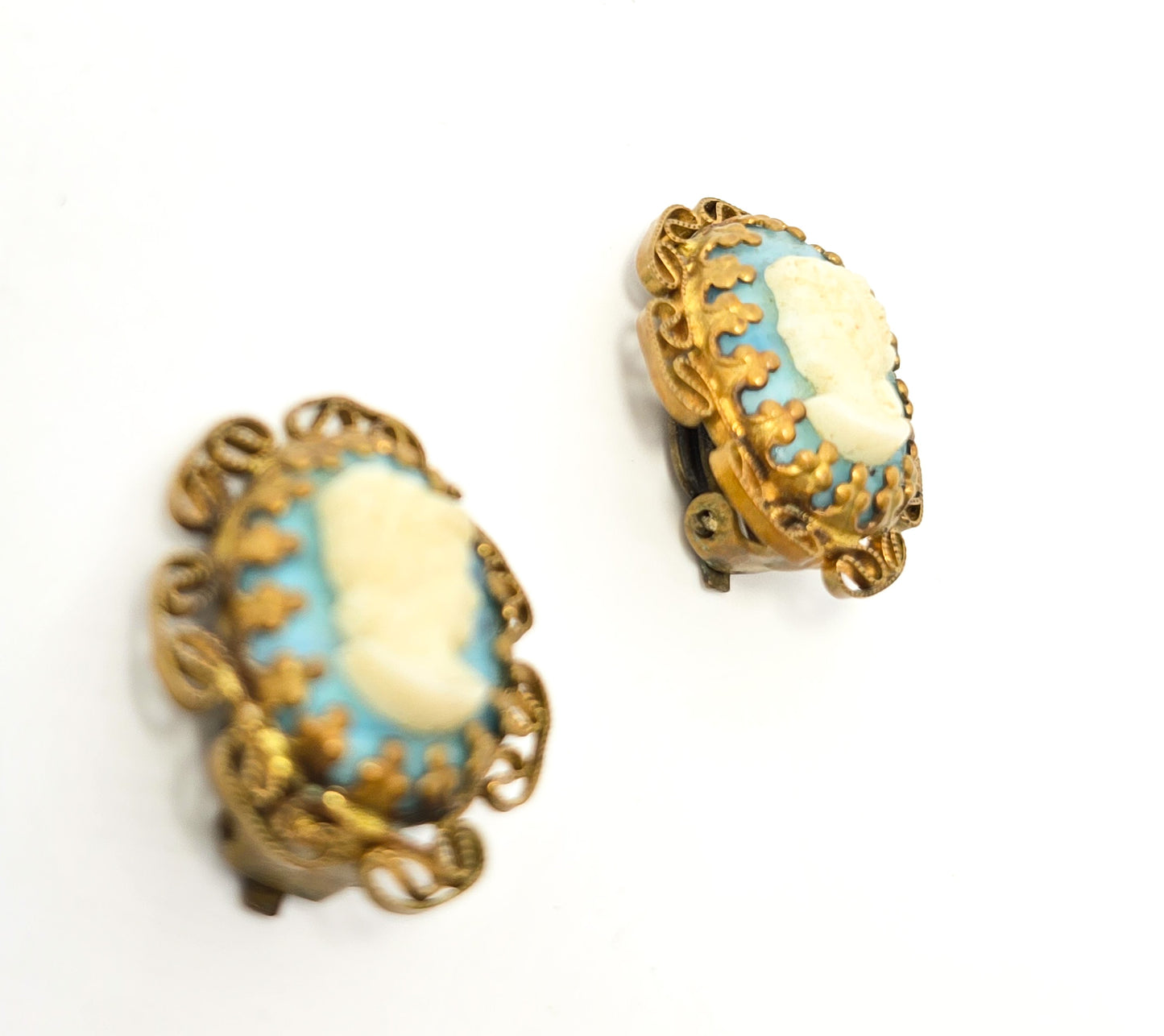 Western Germany blue and white glass cameo vintage clip on earrings
