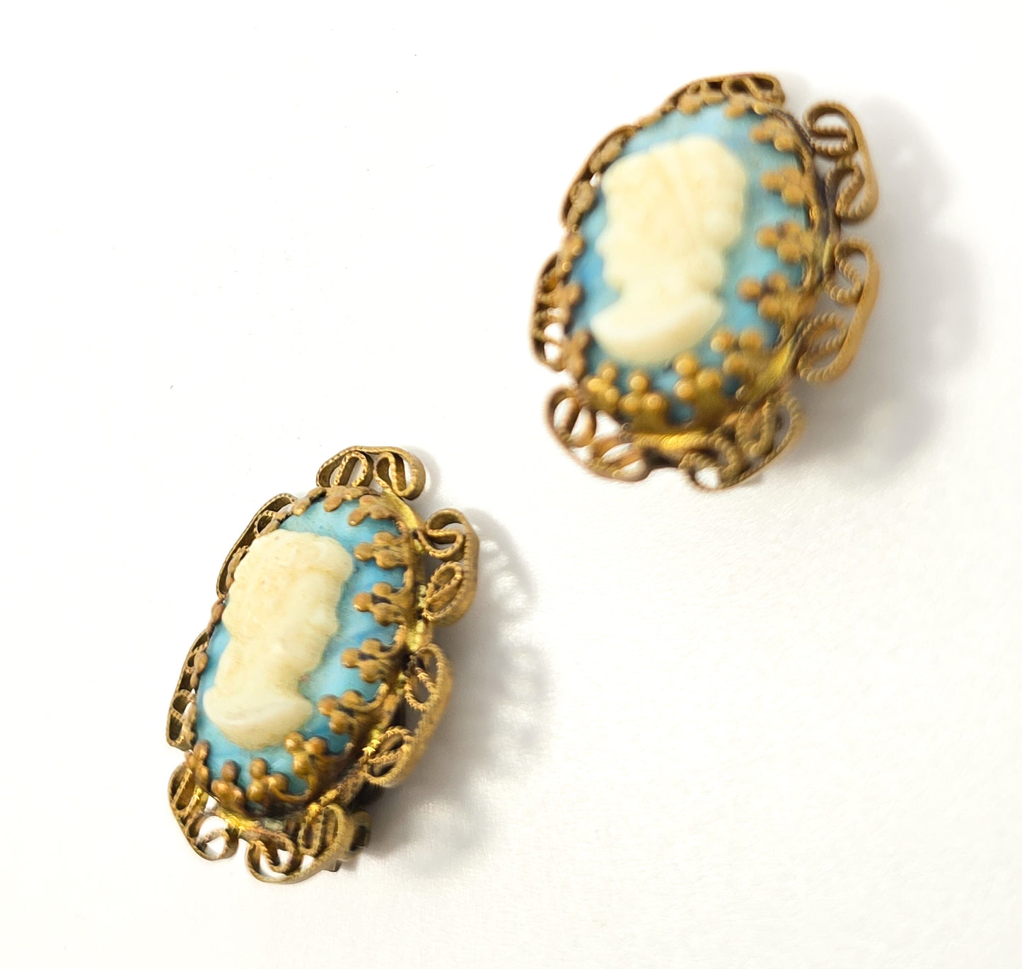Western Germany blue and white glass cameo vintage clip on earrings