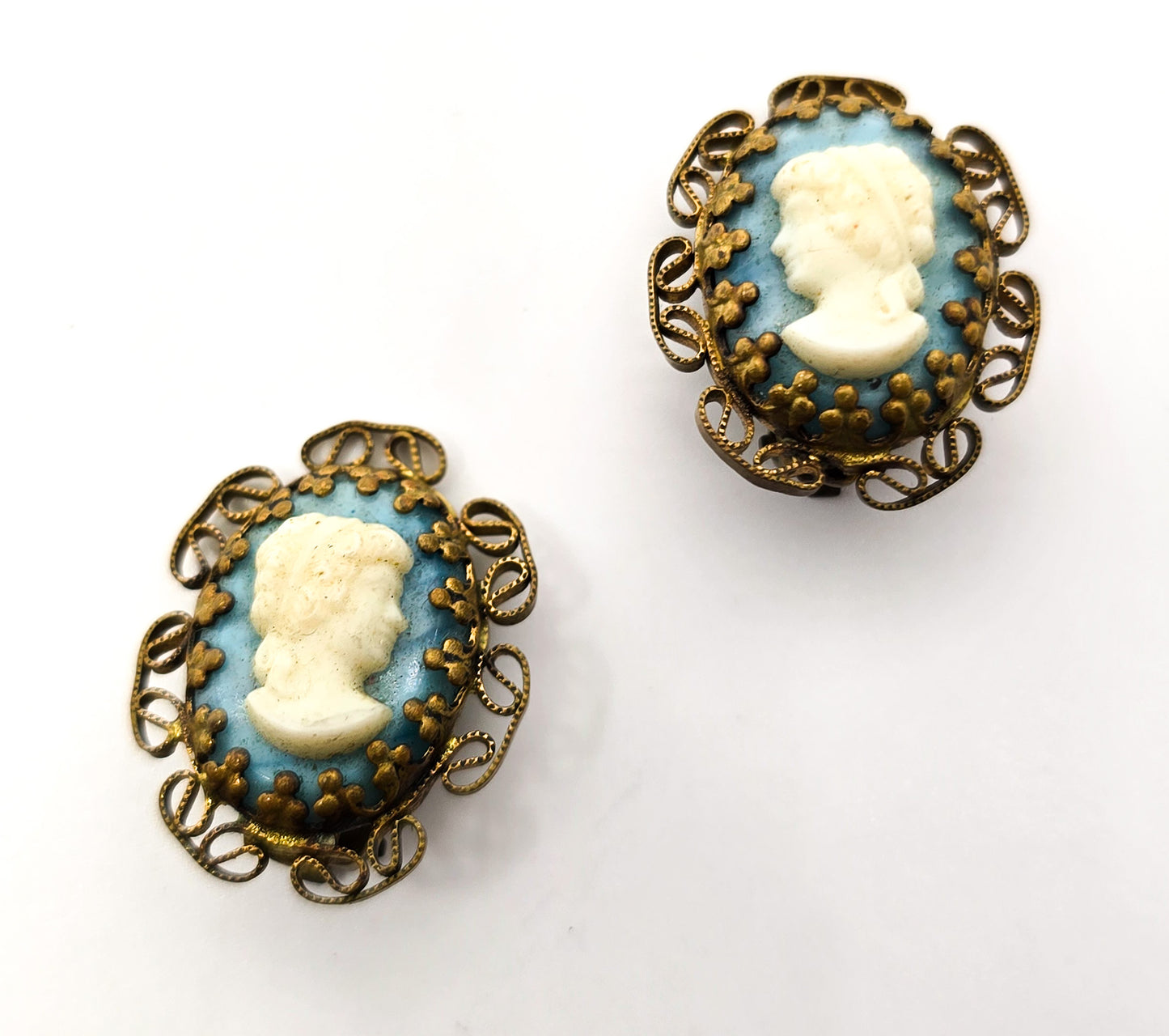 Western Germany blue and white glass cameo vintage clip on earrings