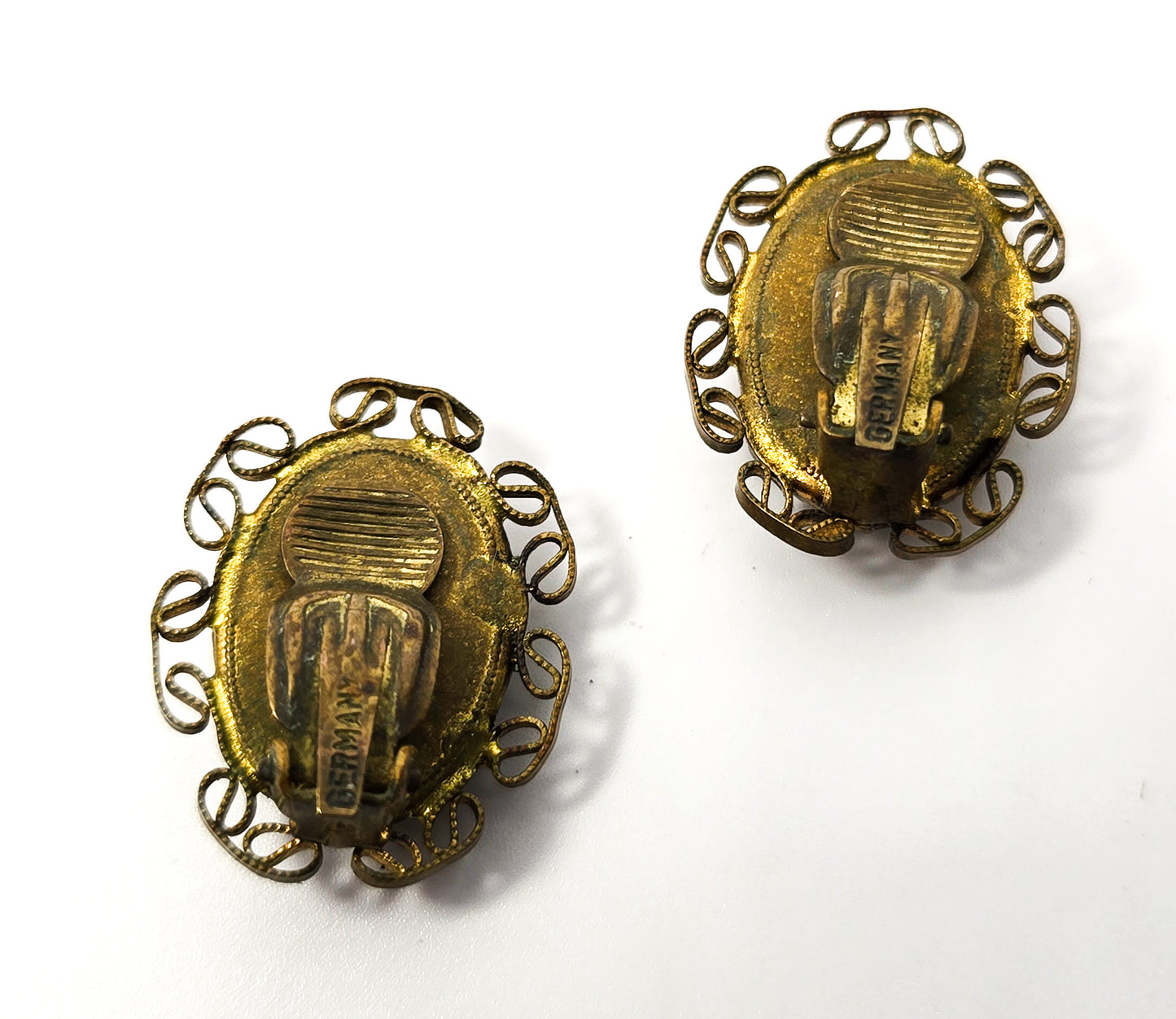 Western Germany blue and white glass cameo vintage clip on earrings